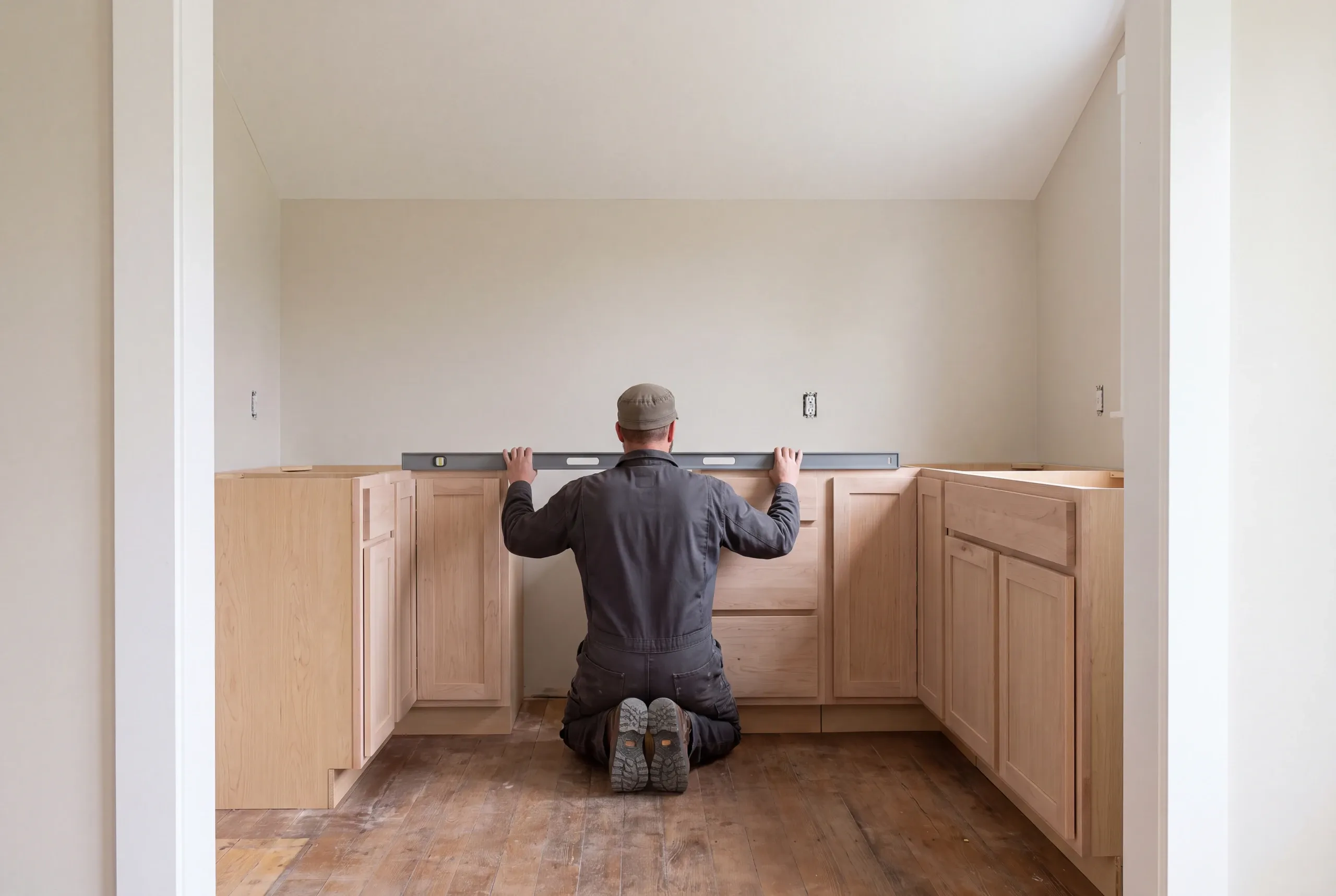 A worker kneels on a wooden floor holding a long level across unfinished wooden base cabinets in a kitchen.