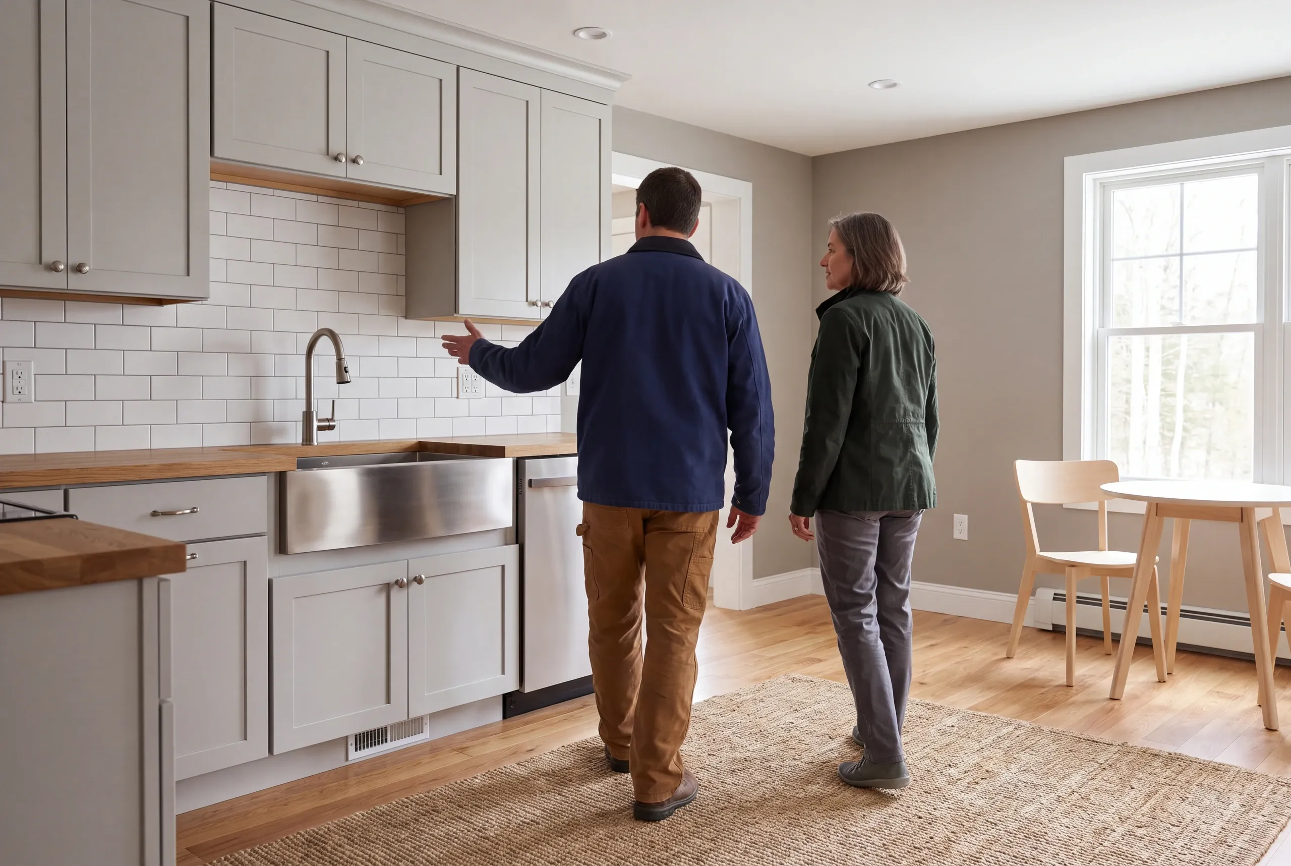 Two adults stand in a remodeled kitchen with light gray cabinets, white subway tile backsplash, and wooden countertops.