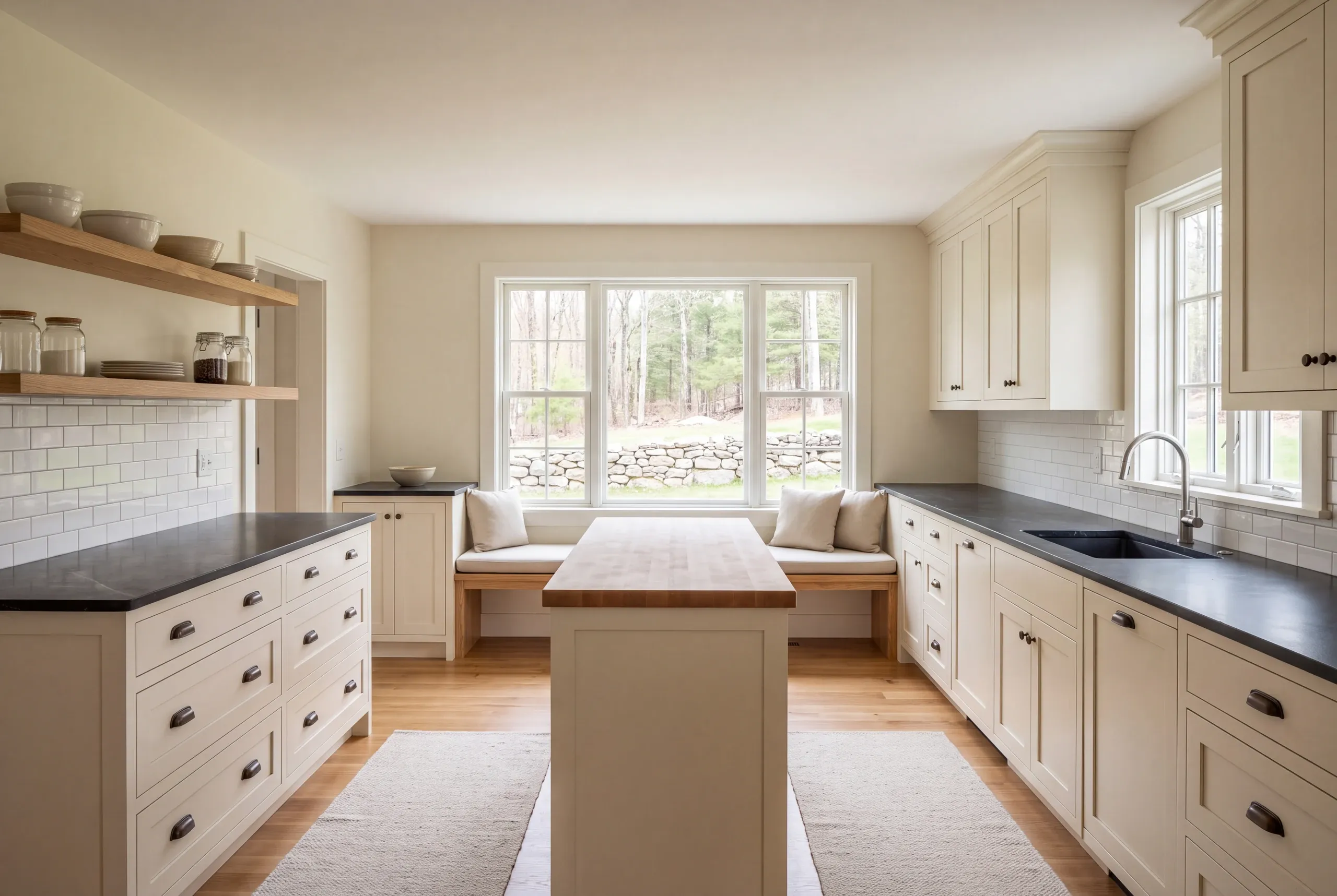 A finished residential kitchen features light shaker cabinets, dark countertops, a central wooden island, and a window seat overlooking woods.