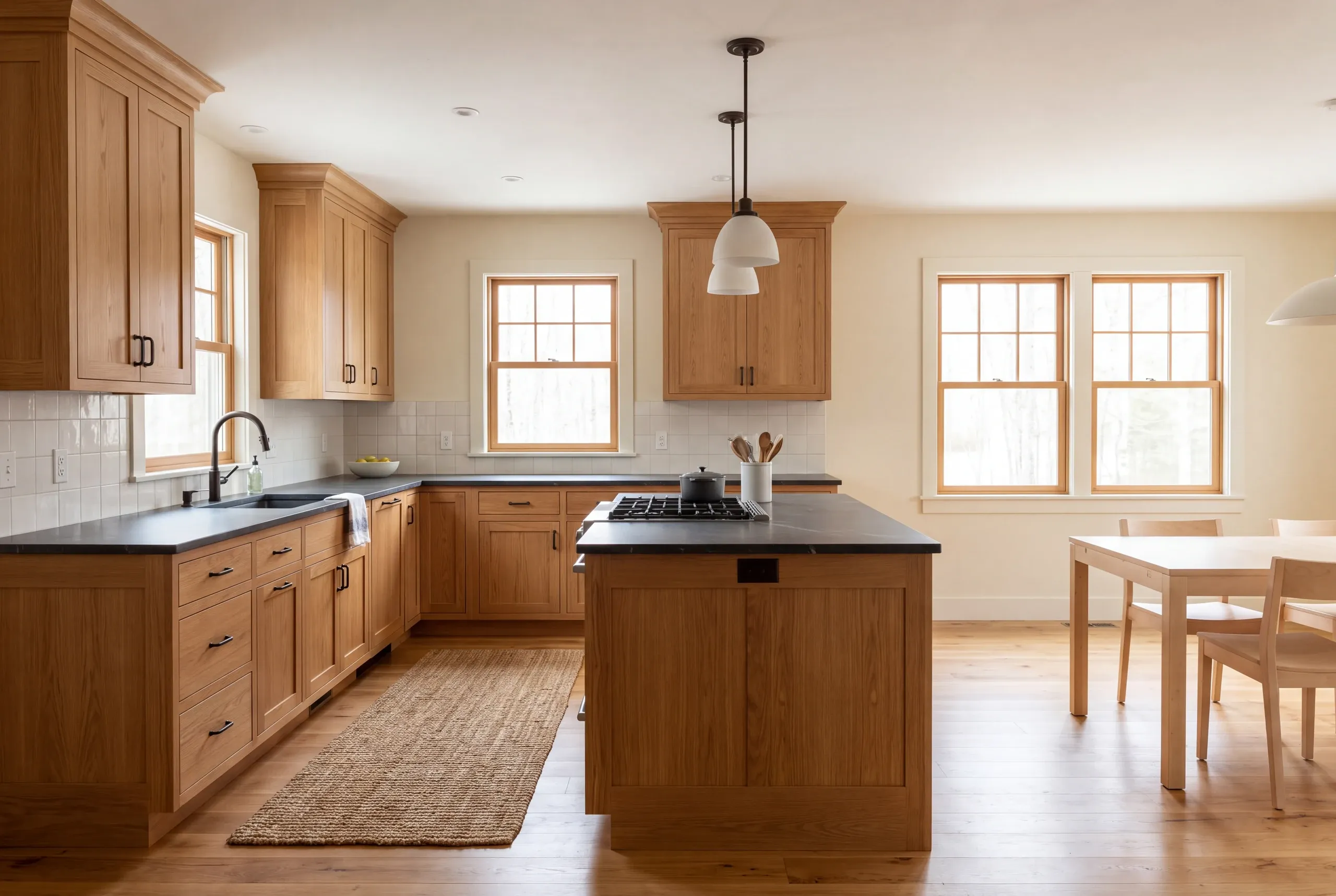A finished kitchen with wooden cabinetry, a dark island countertop, pendant lighting, and a dining table set to the side.