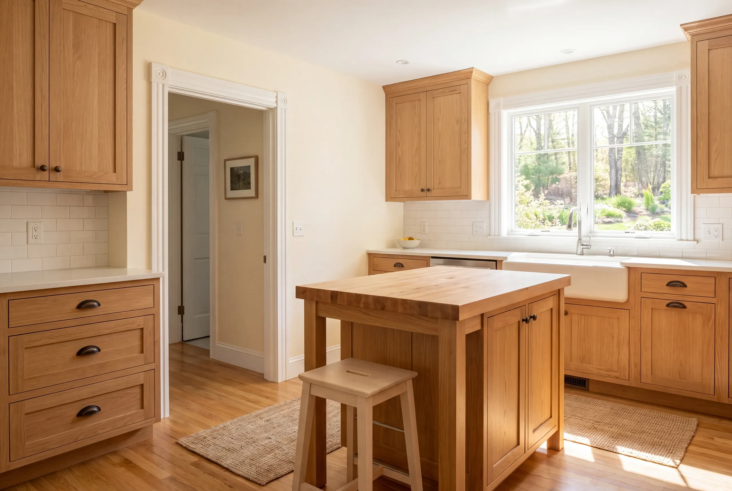 Kitchen remodeling in Freeport, ME: a kitchen featuring wooden cabinets, a central island with a butcher block top, and traditional doorway trim.