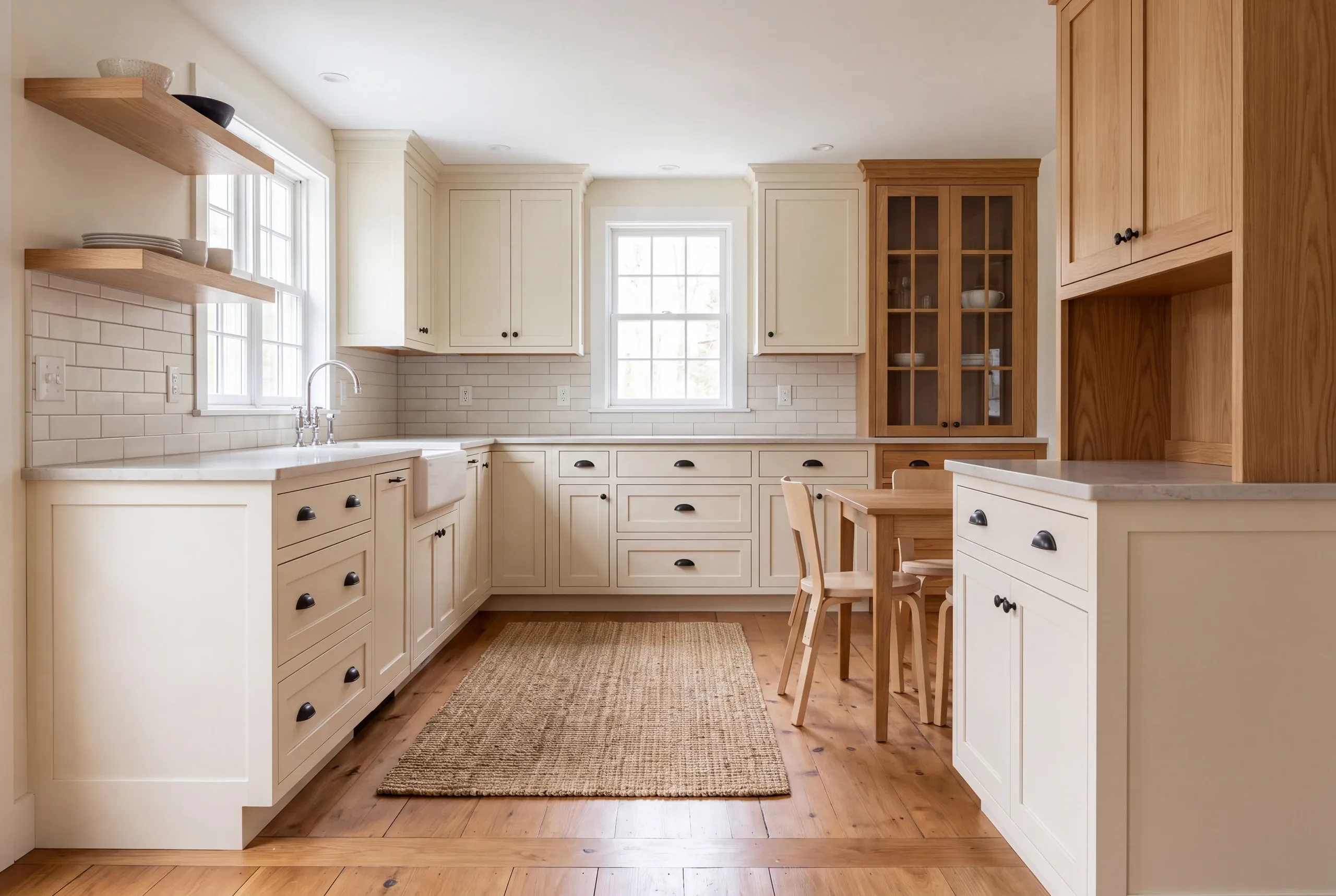 A kitchen with light-colored shaker cabinets, wood flooring, and a small dining table in the center.