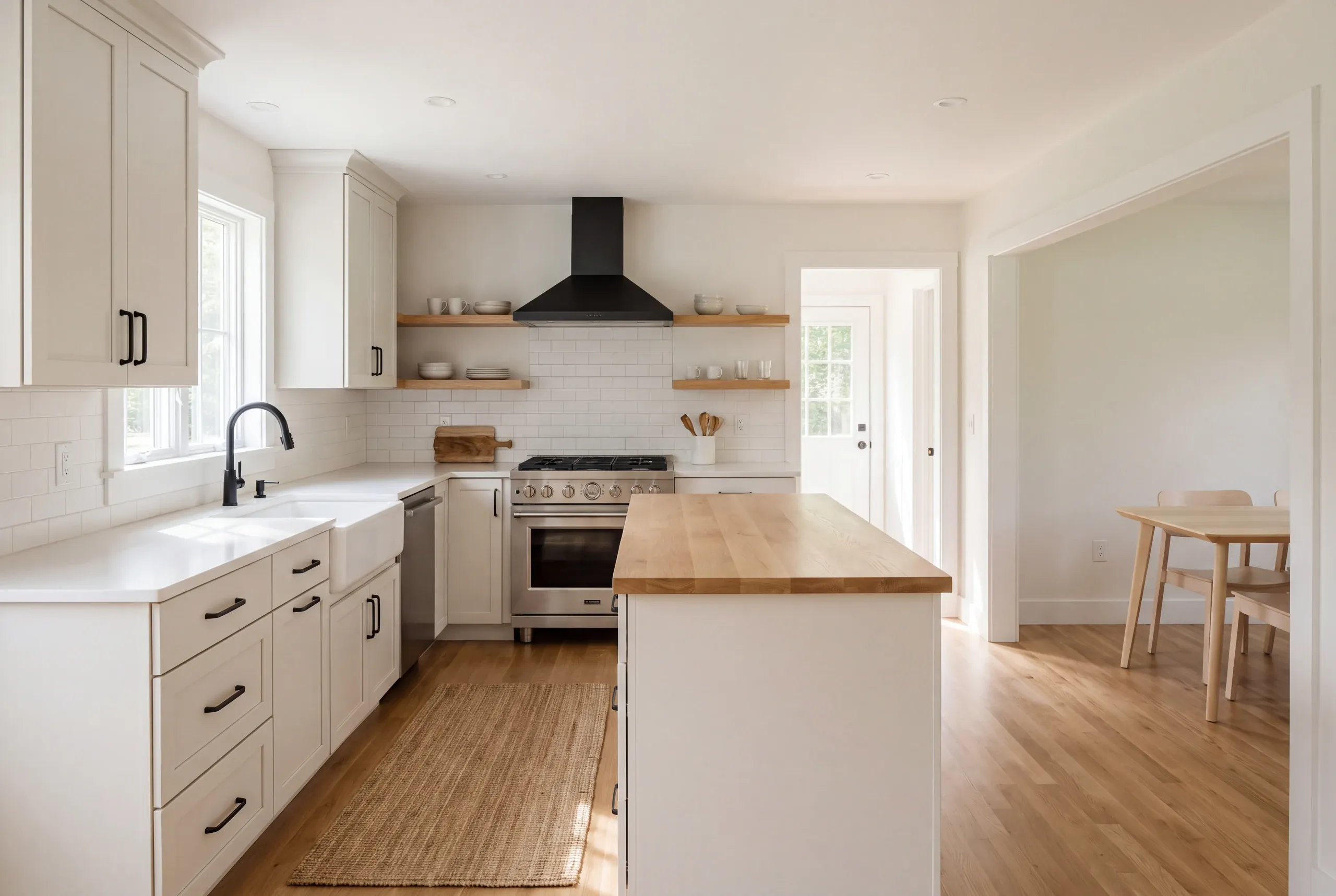 A newly finished white kitchen features a wooden central island, range with black hood, and an open doorway leading to a dining area.
