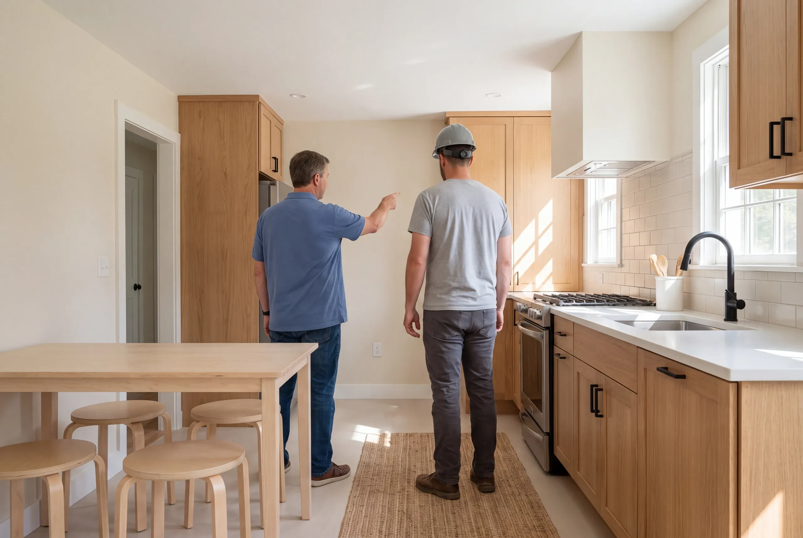 Two men stand in a kitchen with wooden cabinetry, one pointing toward the wall while the other wearing a hard hat looks on.