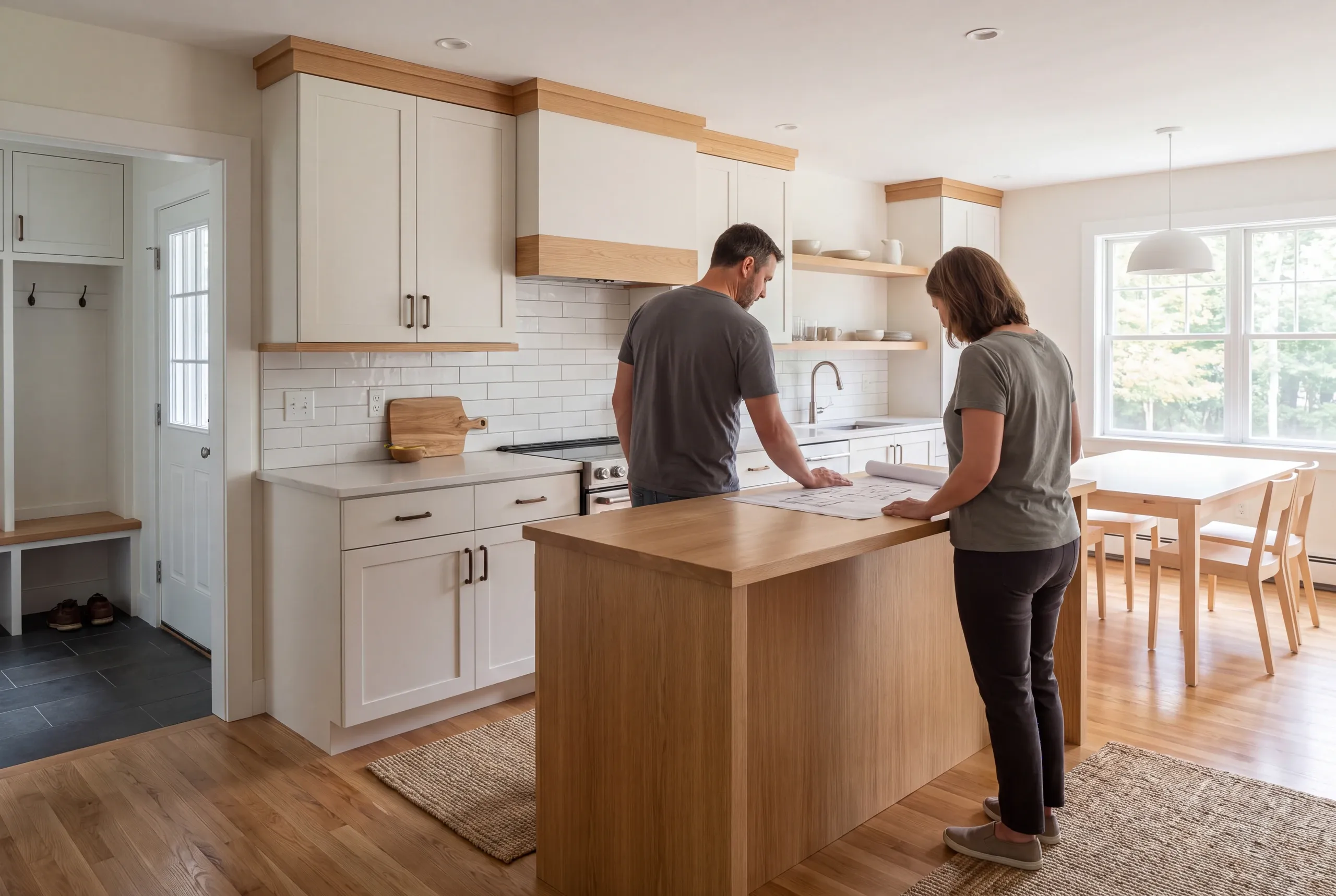 Two adults standing in a kitchen reviewing a floor plan on an island counter.