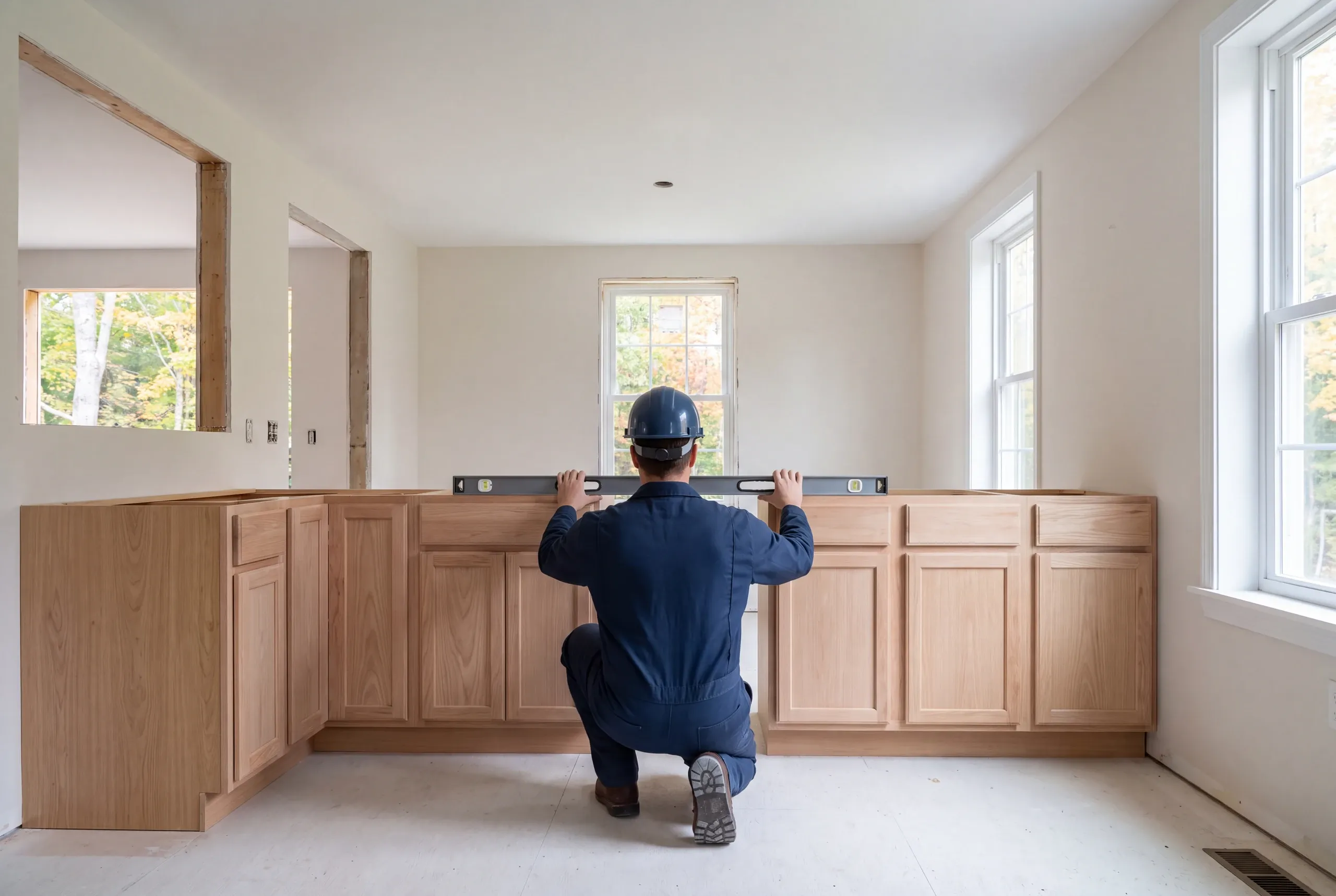 A worker wearing a hard hat and blue uniform kneels on the floor, holding a level against base cabinets in an unfinished kitchen.