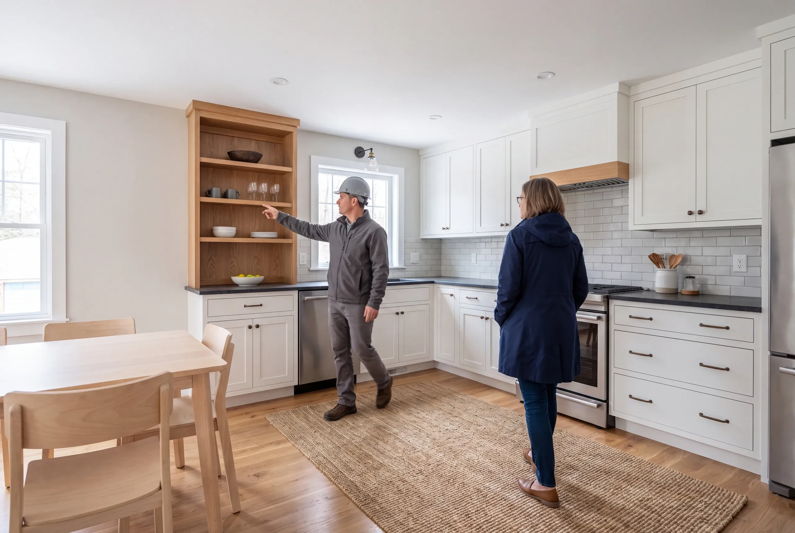 Two adults stand in a remodeled kitchen with white shaker cabinets, wooden accents, and a dining table.