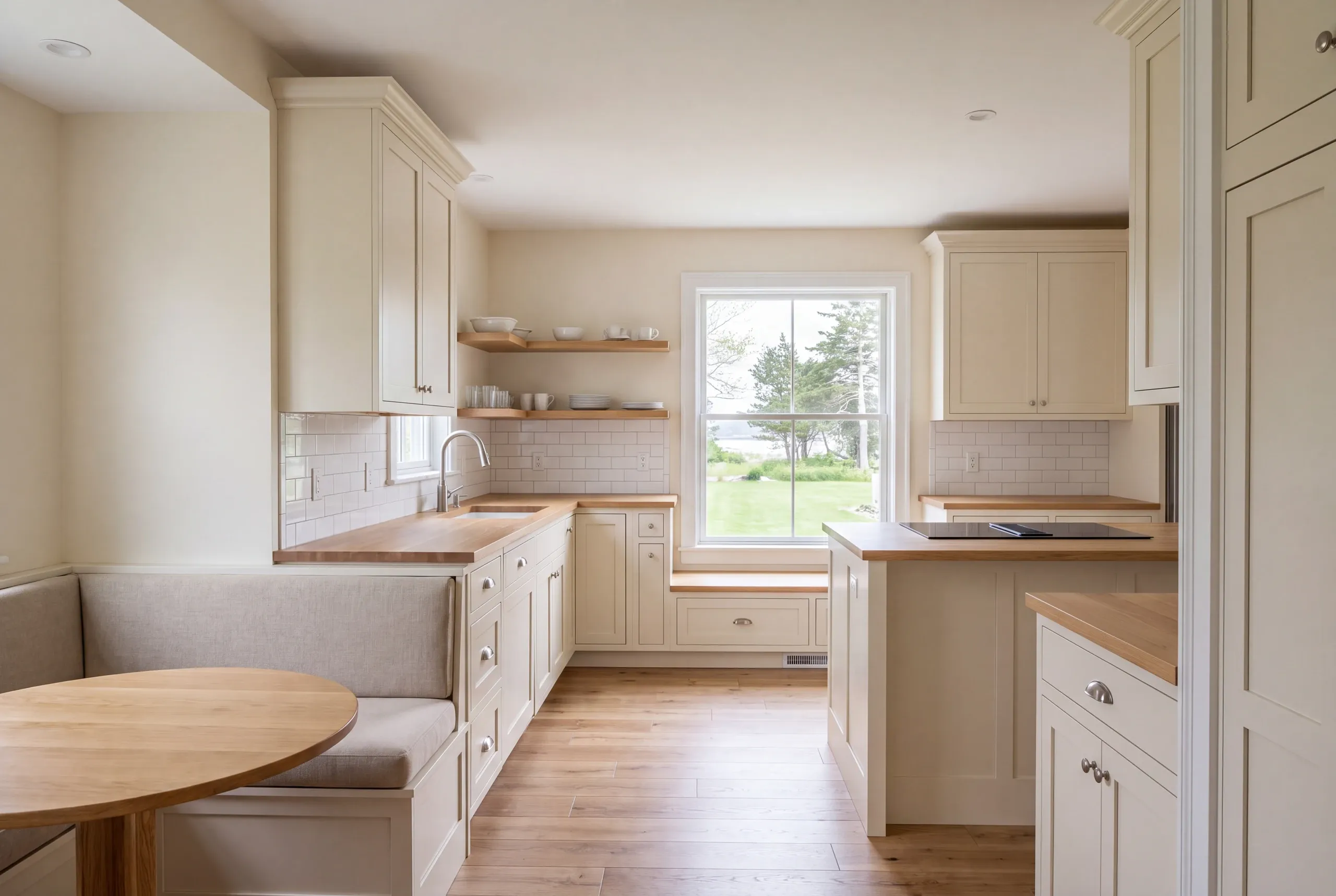 A finished kitchen with cream shaker cabinetry, wooden countertops, white tile backsplash, and a dining nook with a built-in banquette.
