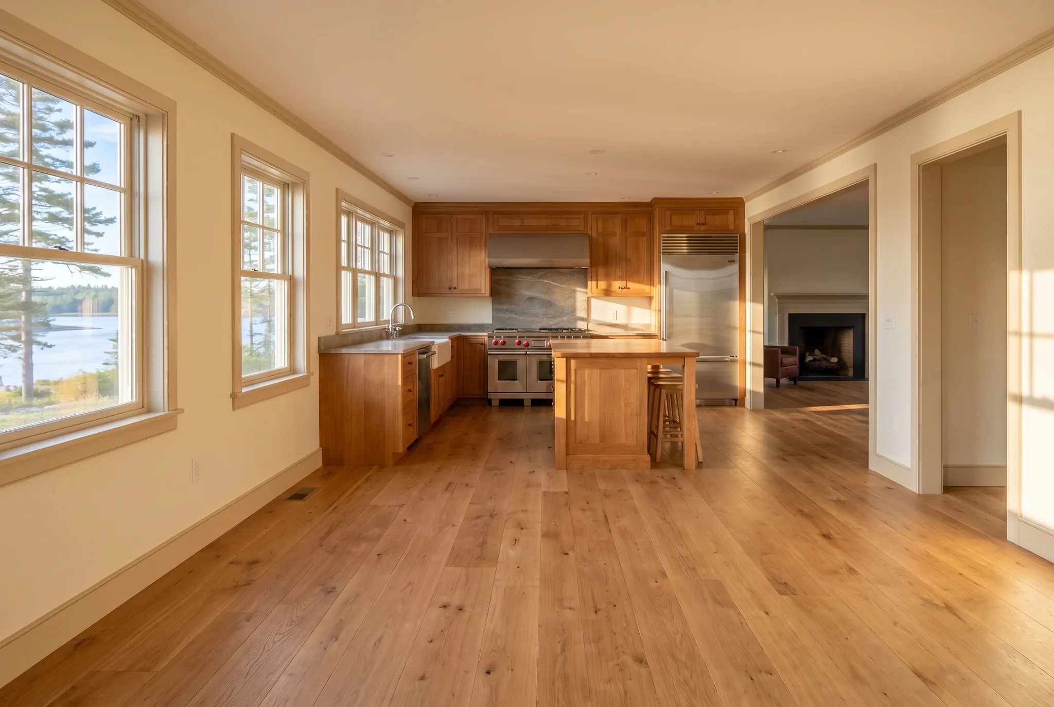 A finished kitchen with wooden cabinetry, stainless steel appliances, and wood floors viewed through a light-colored room.