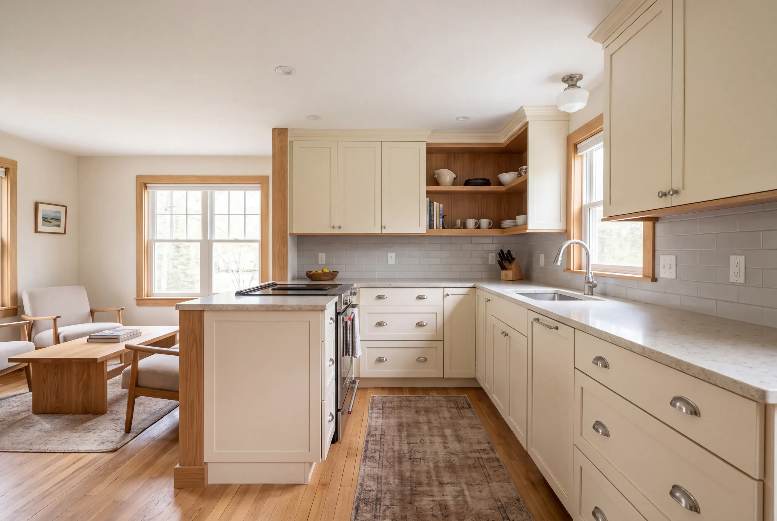 A bright kitchen features pale shaker cabinets, light countertops, a grey tile backsplash, and hardwood floors overlooking an adjacent living area.