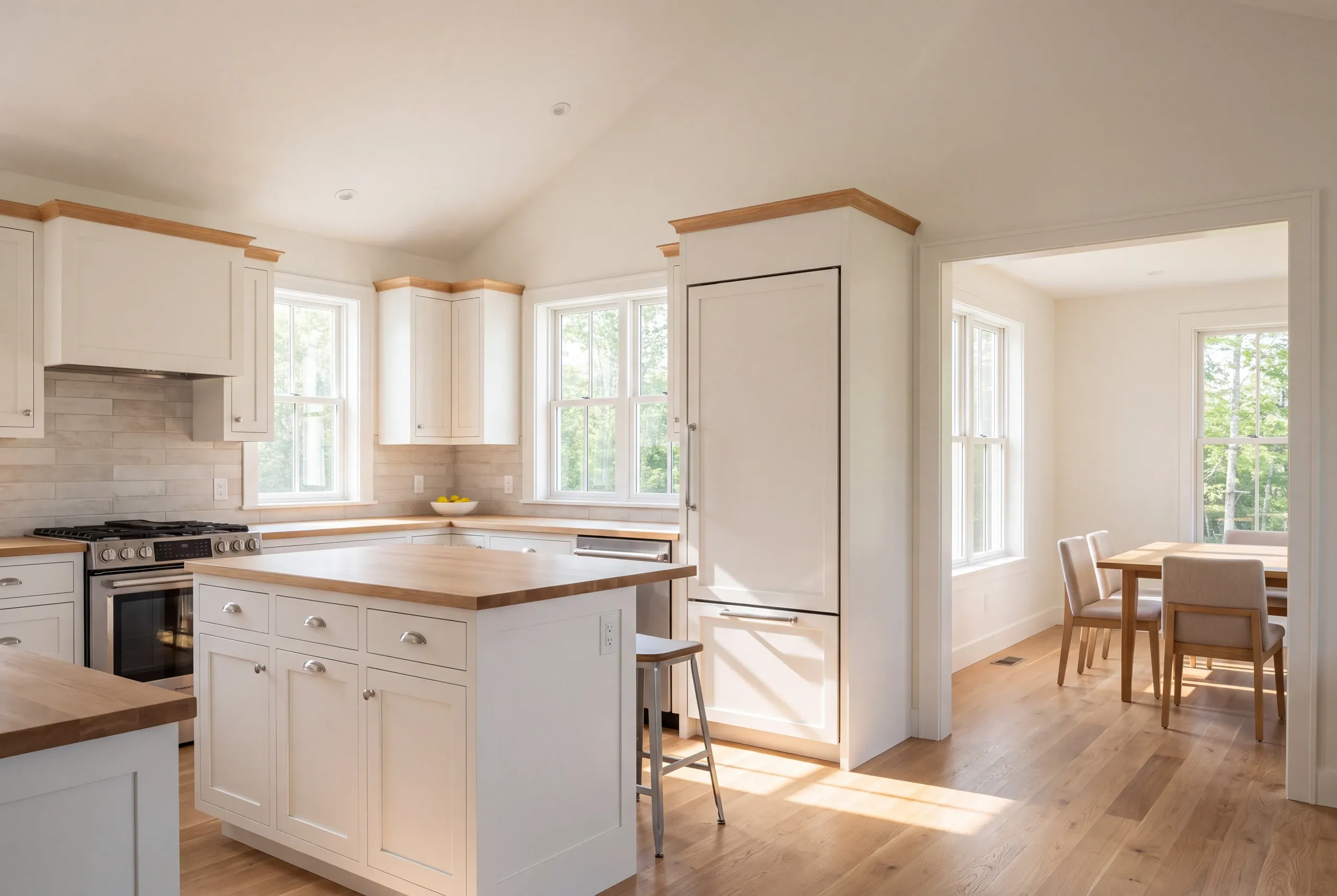 A newly finished kitchen features white cabinetry, wooden countertops, a central island, and an open doorway leading to an adjacent dining area.