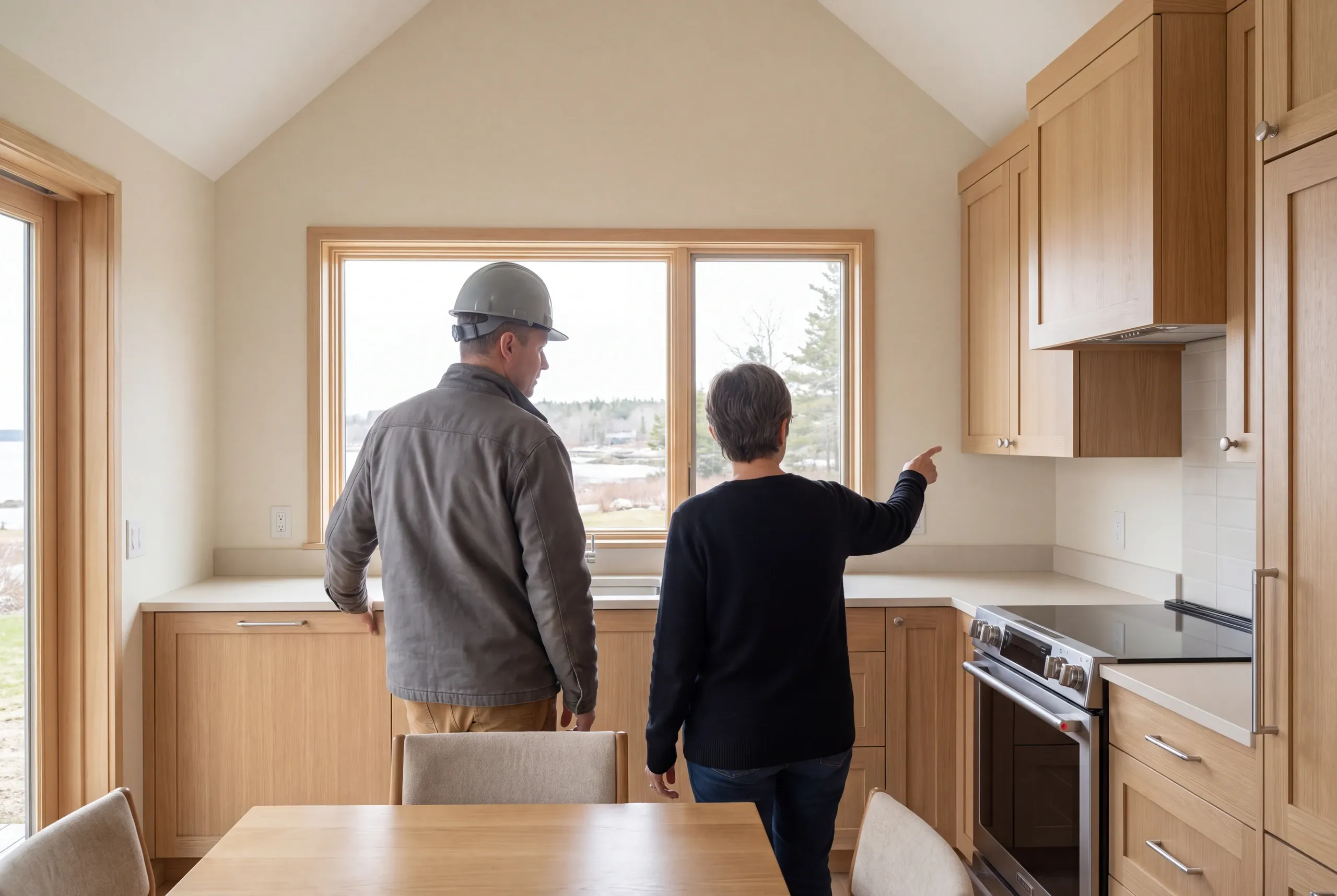 Two adults stand in a finished kitchen with light wood cabinets, looking toward a window while one points to the cabinetry.