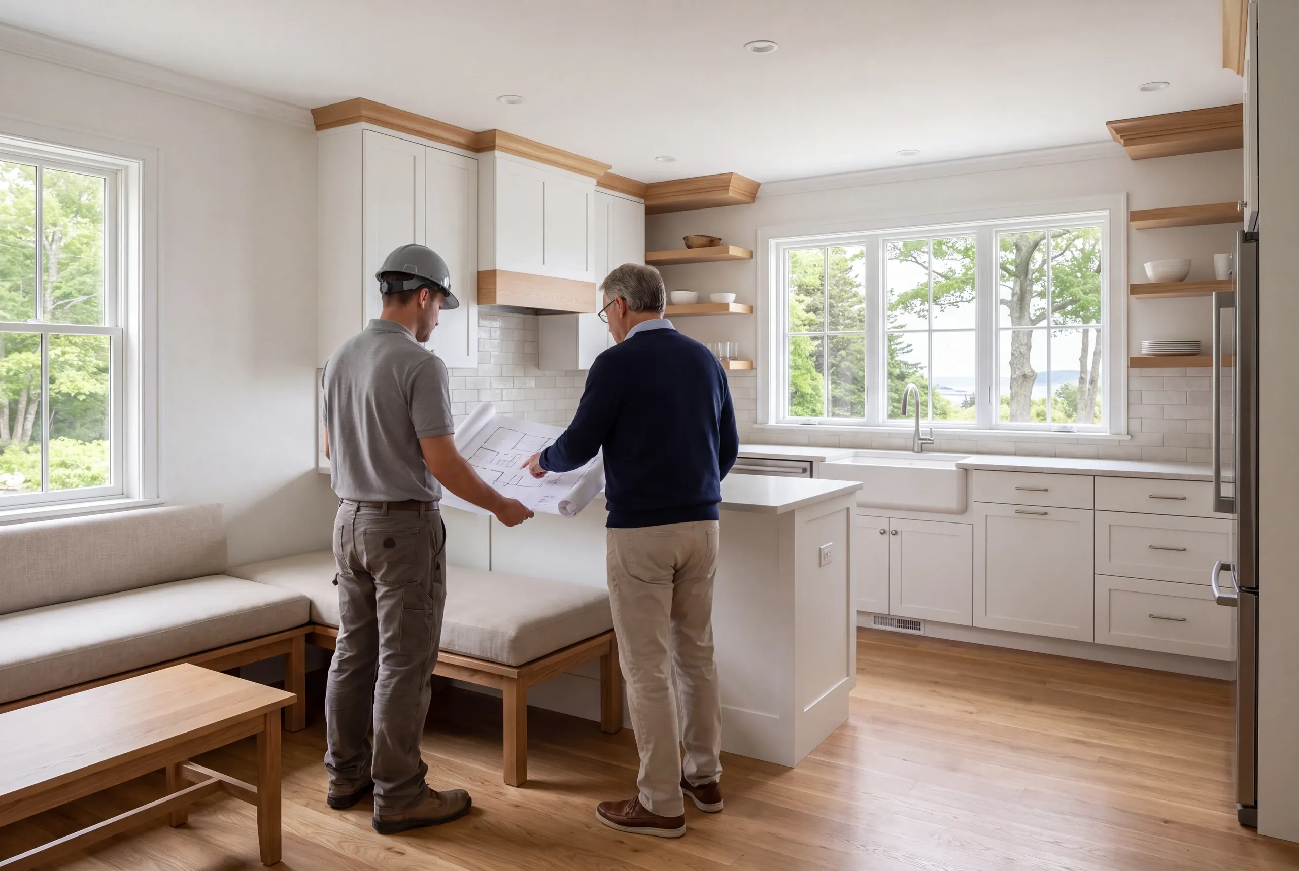Two adults seen from behind look at a blueprint inside a brightly lit remodeled kitchen with white shaker cabinets and a window above the sink.
