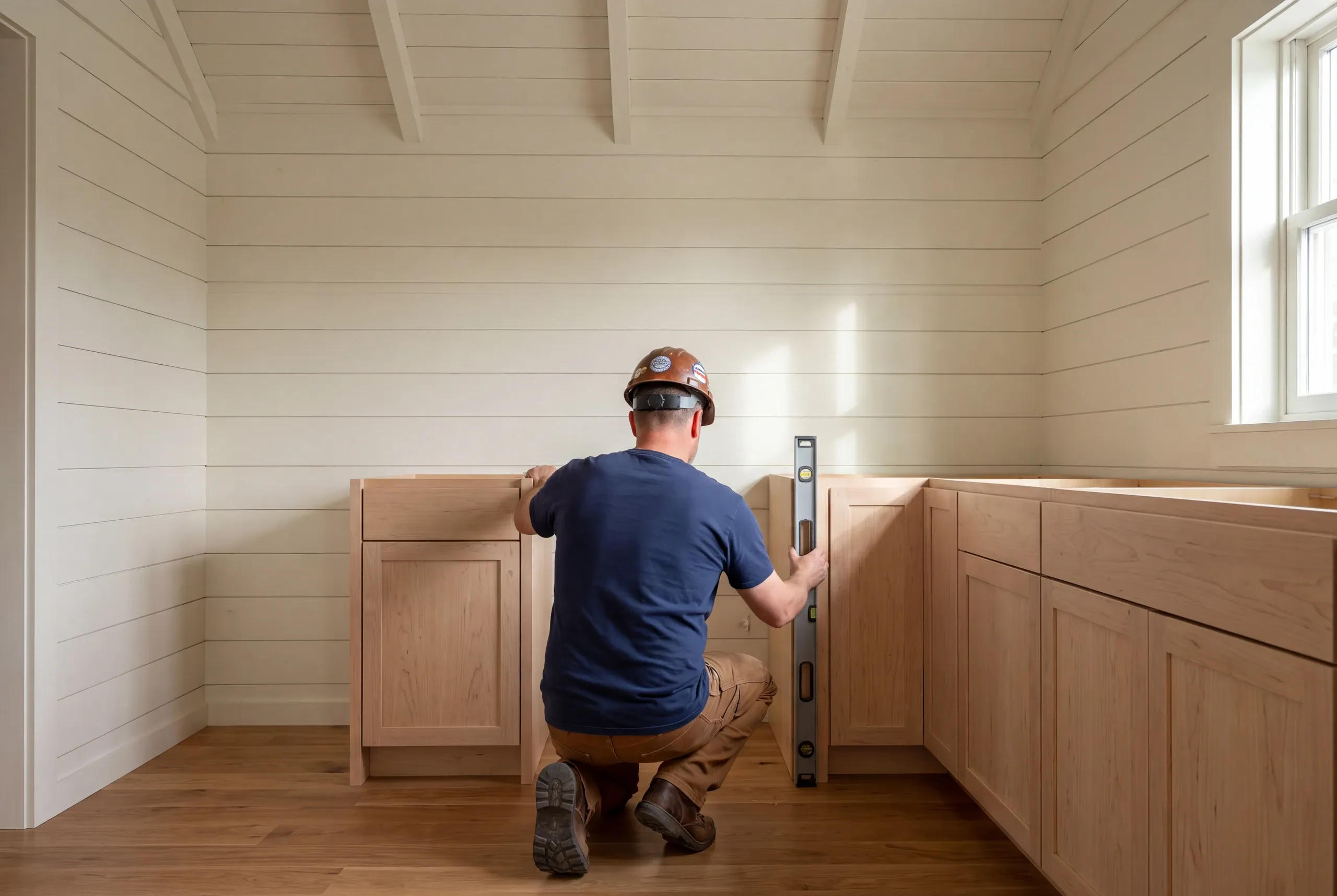 A construction worker wearing a hard hat and blue shirt kneels on a wooden floor, using a level on base cabinets inside an unfinished room.