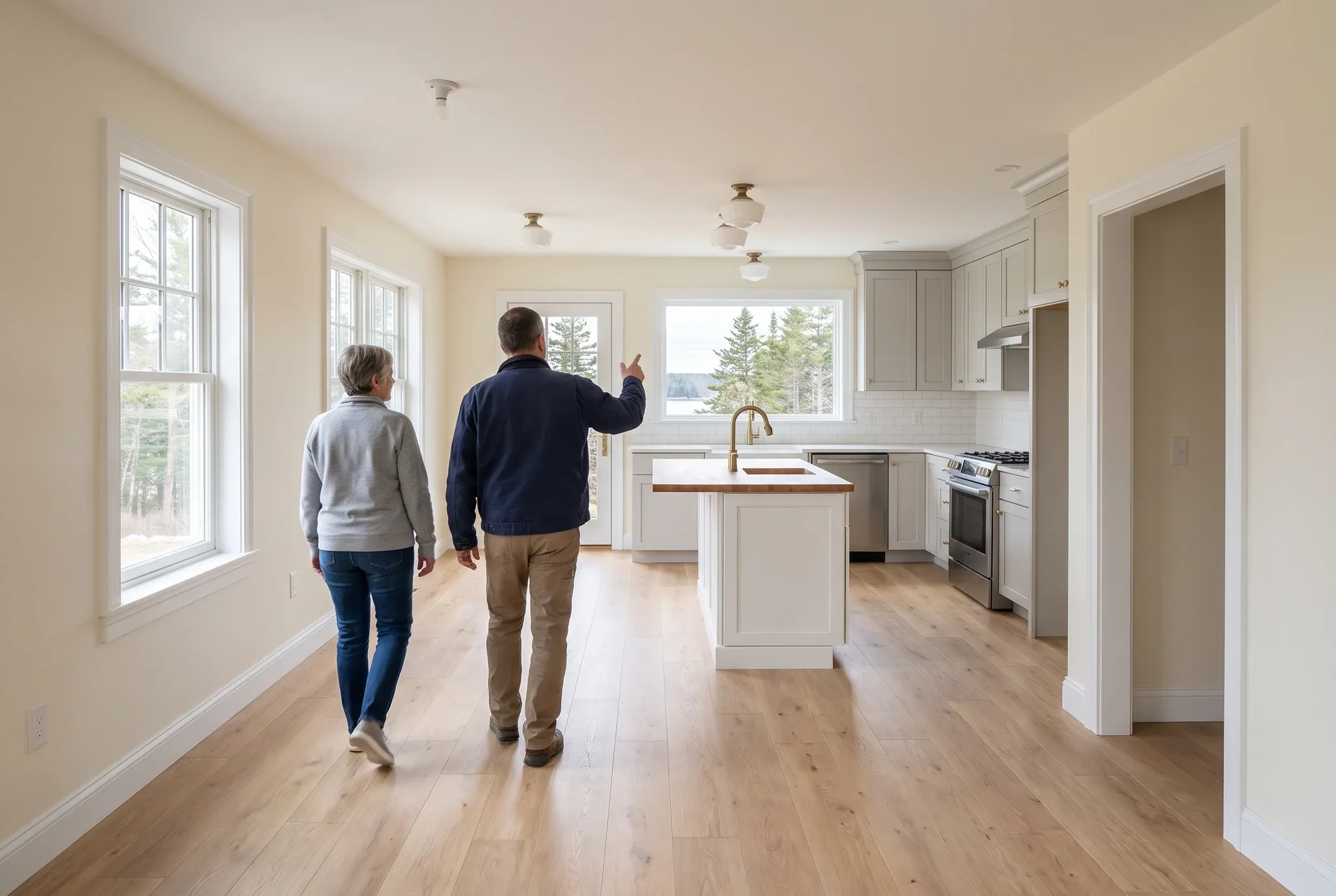 Two adults seen from behind walking through a furnished kitchen and dining area with hardwood floors.