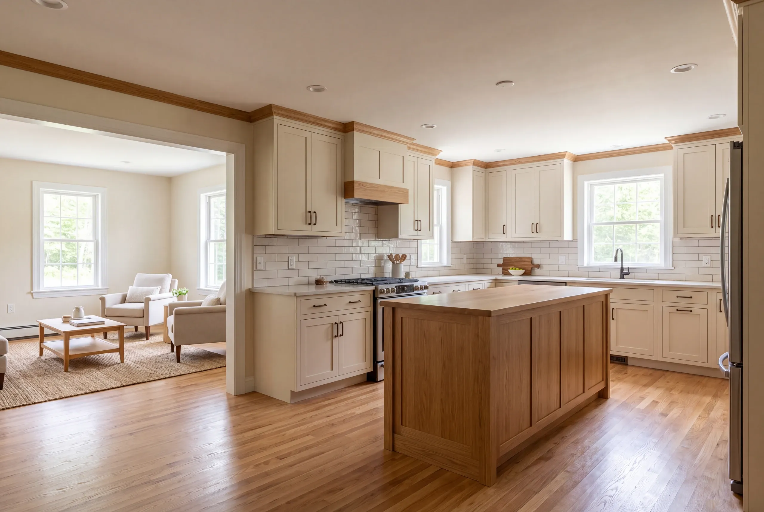A finished residential kitchen with light shaker-style cabinets, a wooden island, white tile backsplash, and an adjacent living room visible through an opening.