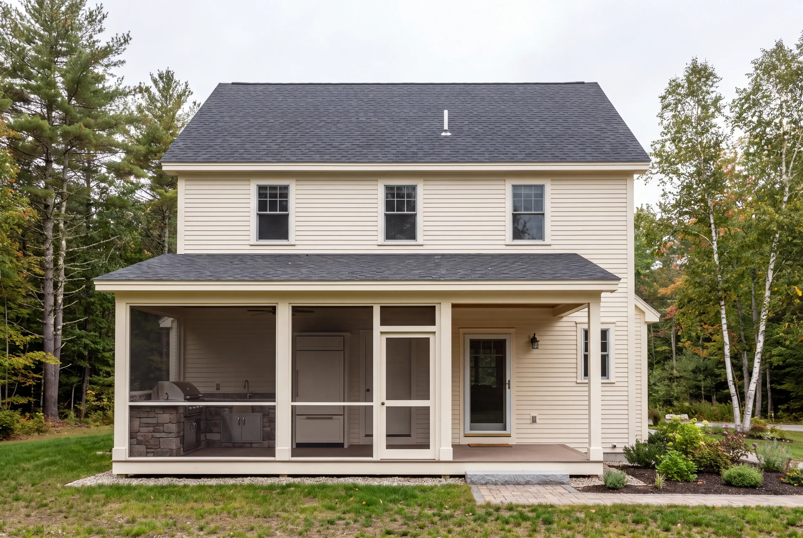 A two-story beige house with a covered screened-in porch featuring a cooking area and refrigerator.