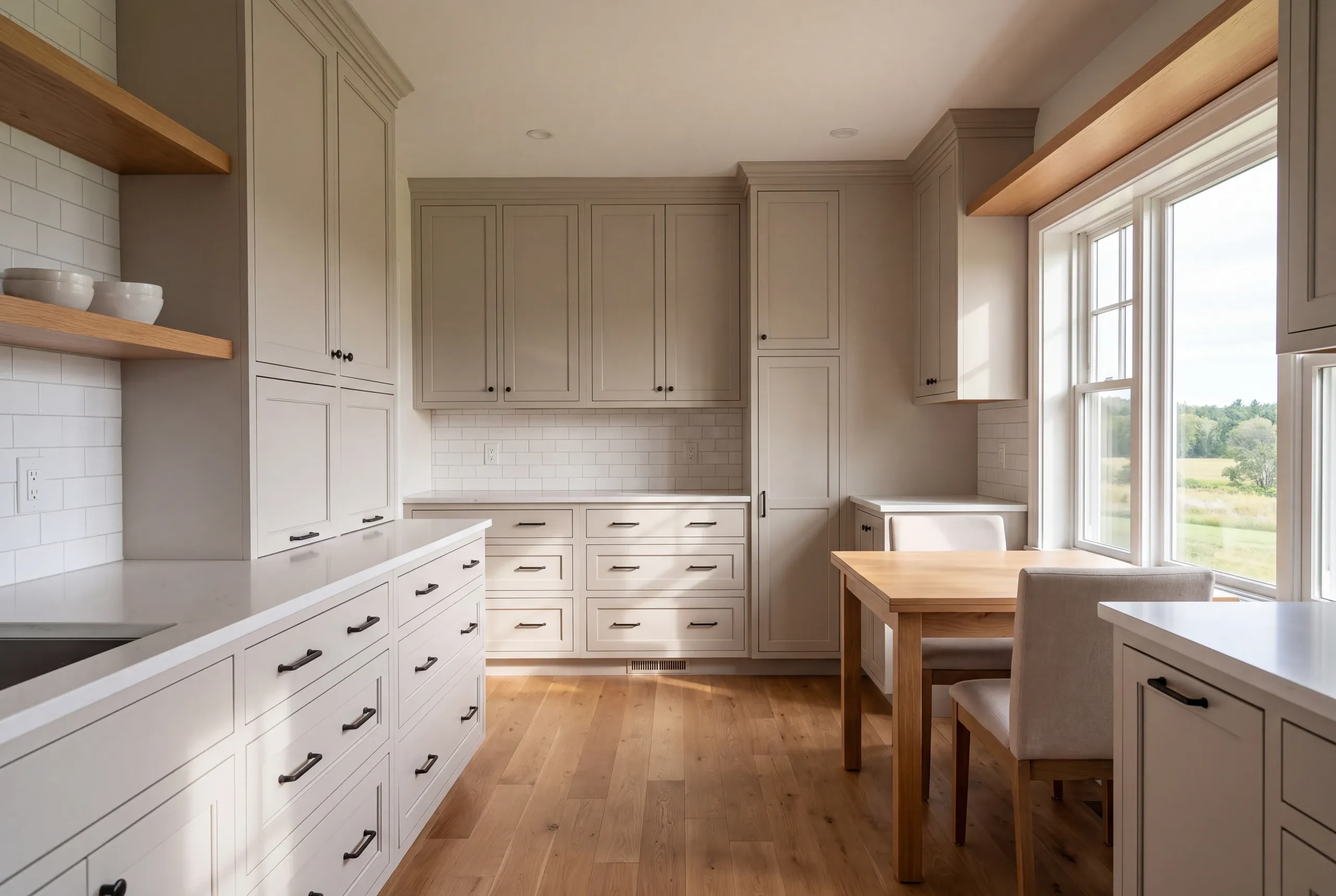 A bright kitchen features shaker cabinetry, white countertops, light wood flooring, and a wooden dining table with chairs by a window.