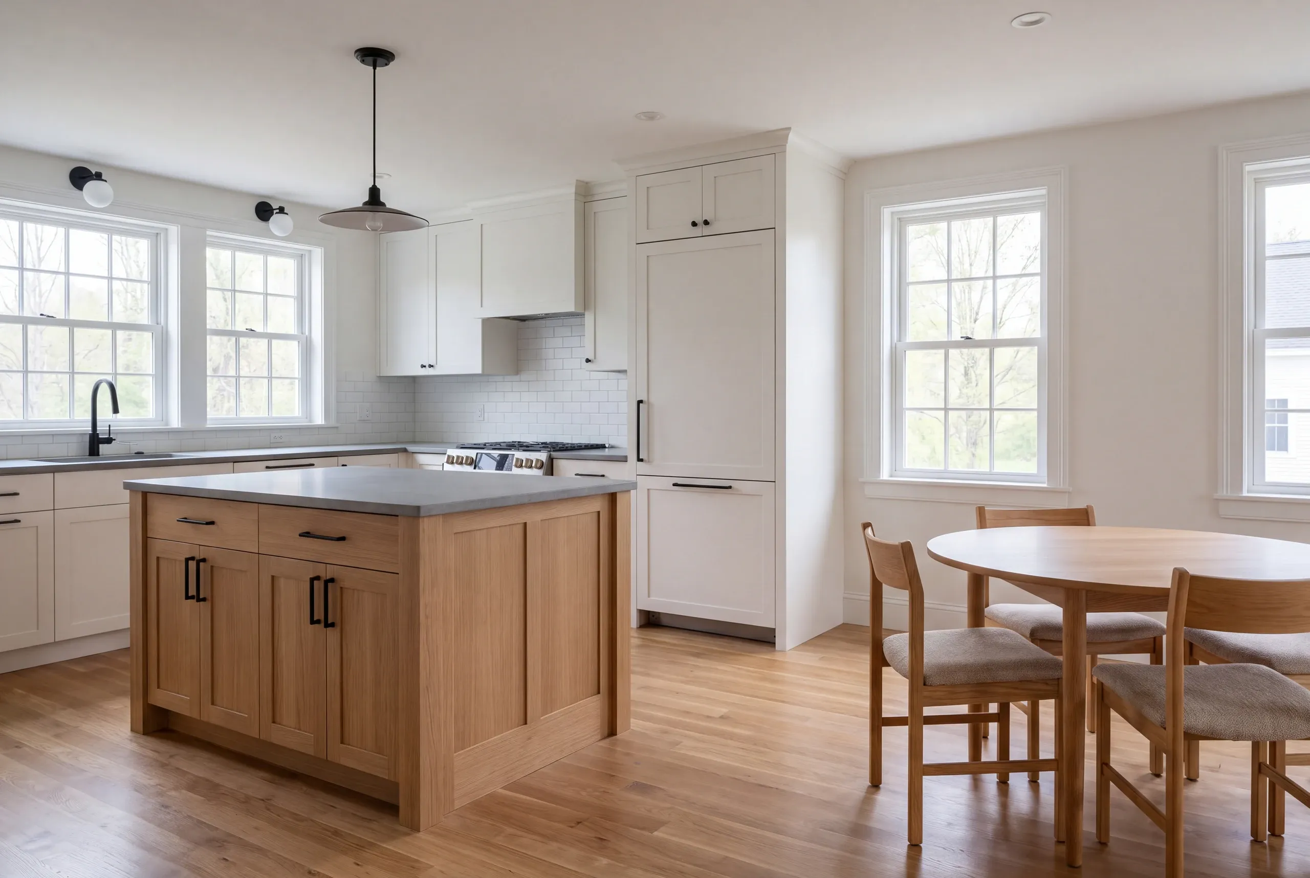 A modern kitchen with a wooden island and a dining table set to the side.