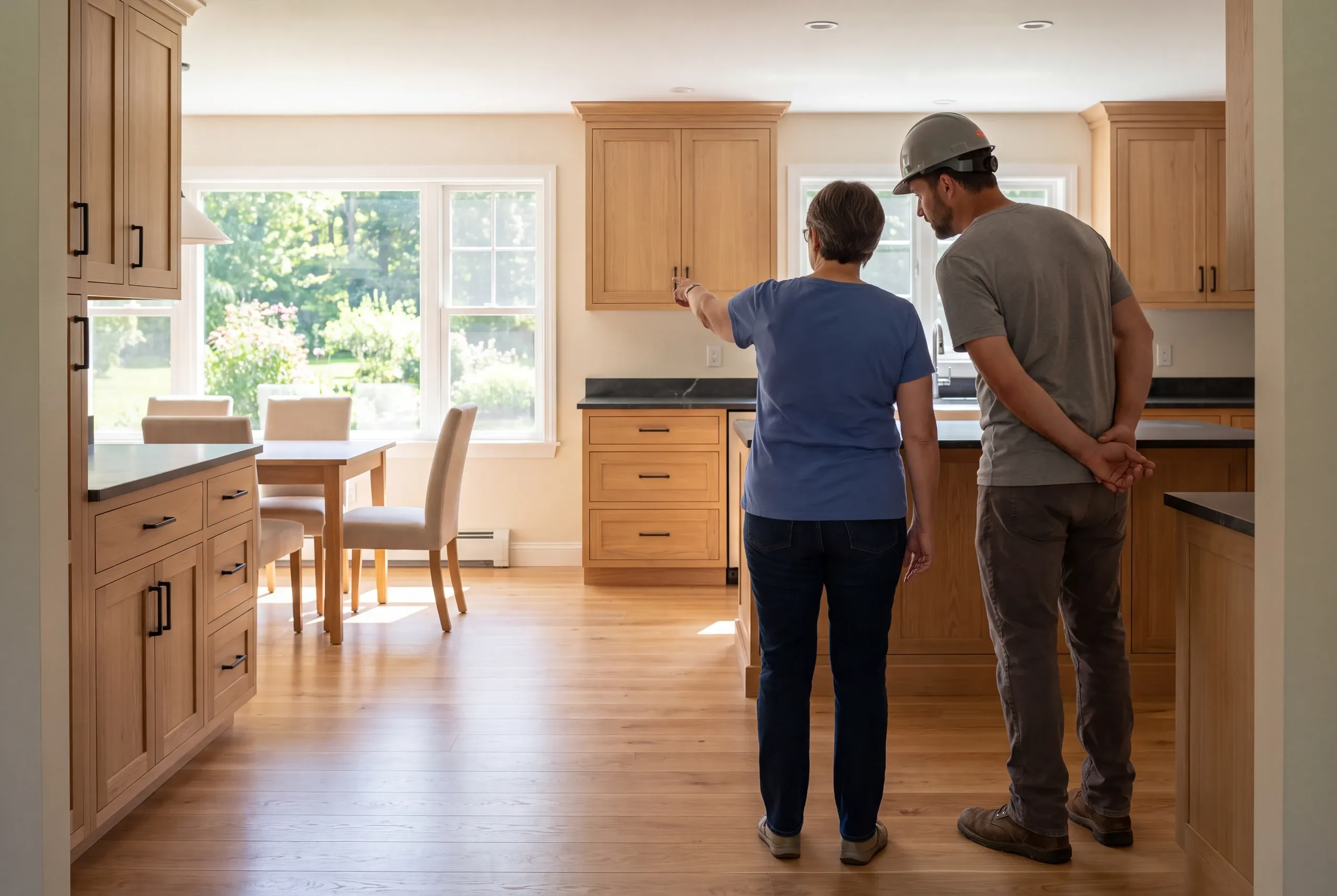 Two adults stand in a finished kitchen with wooden cabinets and hardwood floors, viewed from behind.