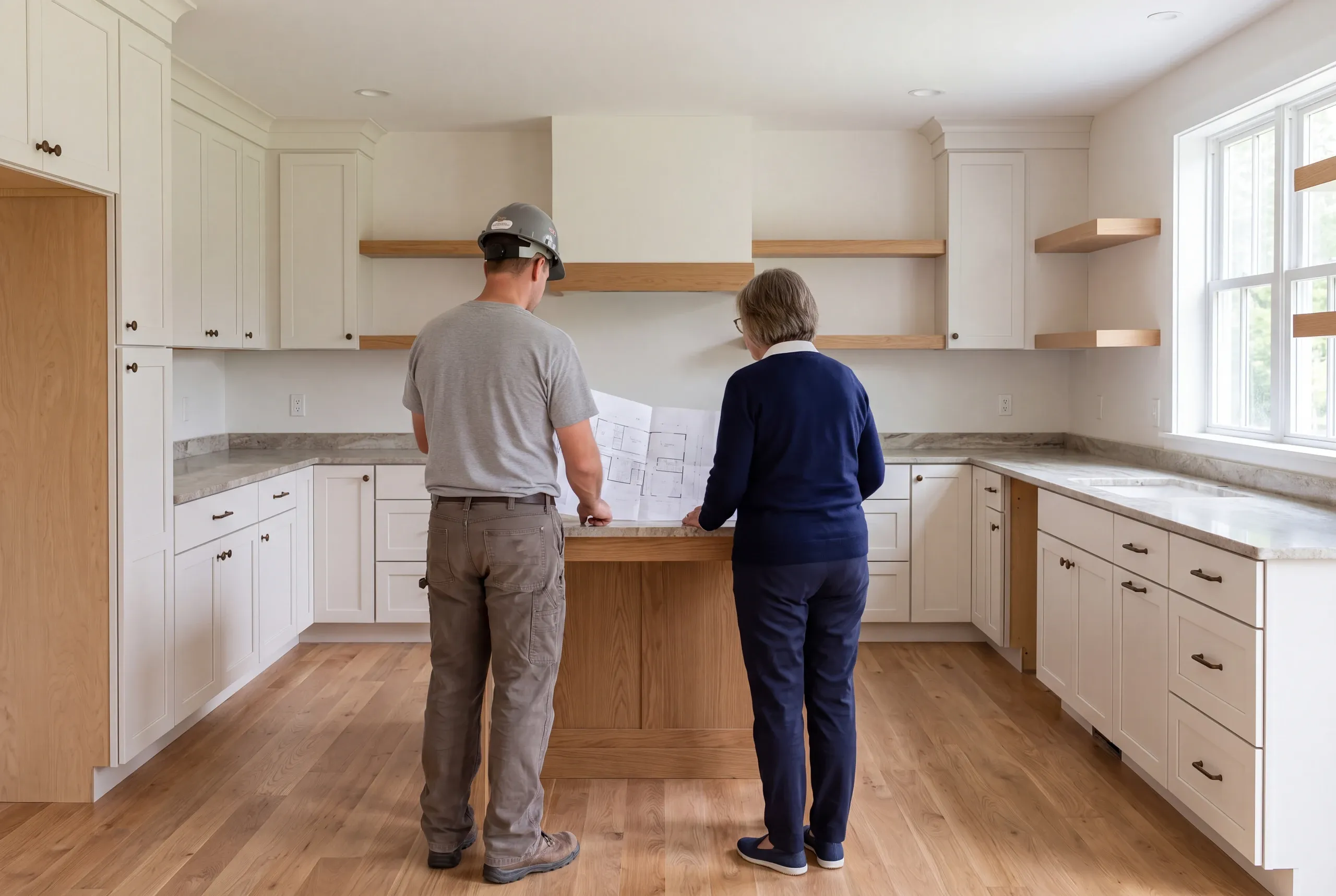 Two people viewed from behind examine a floor plan in a remodeled kitchen featuring white shaker cabinets, light wood shelves, and hardwood floors.