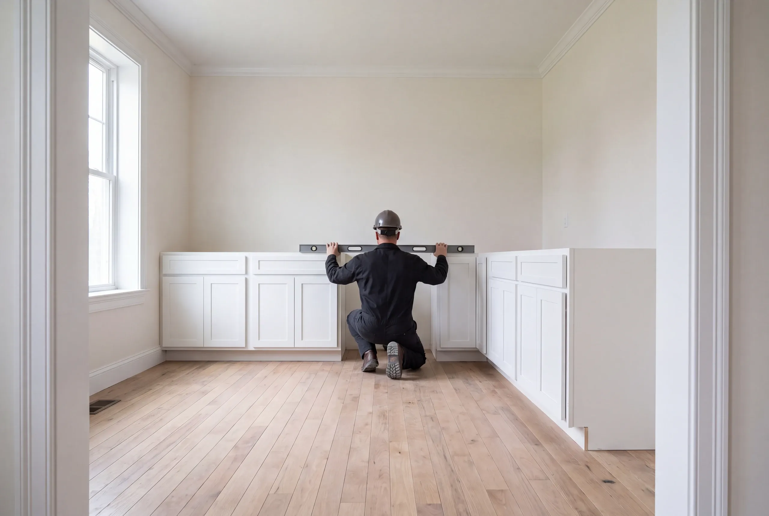 A person wearing a hard hat and dark jumpsuit kneels on a wooden floor, holding a level across base cabinets in an unfurnished room.