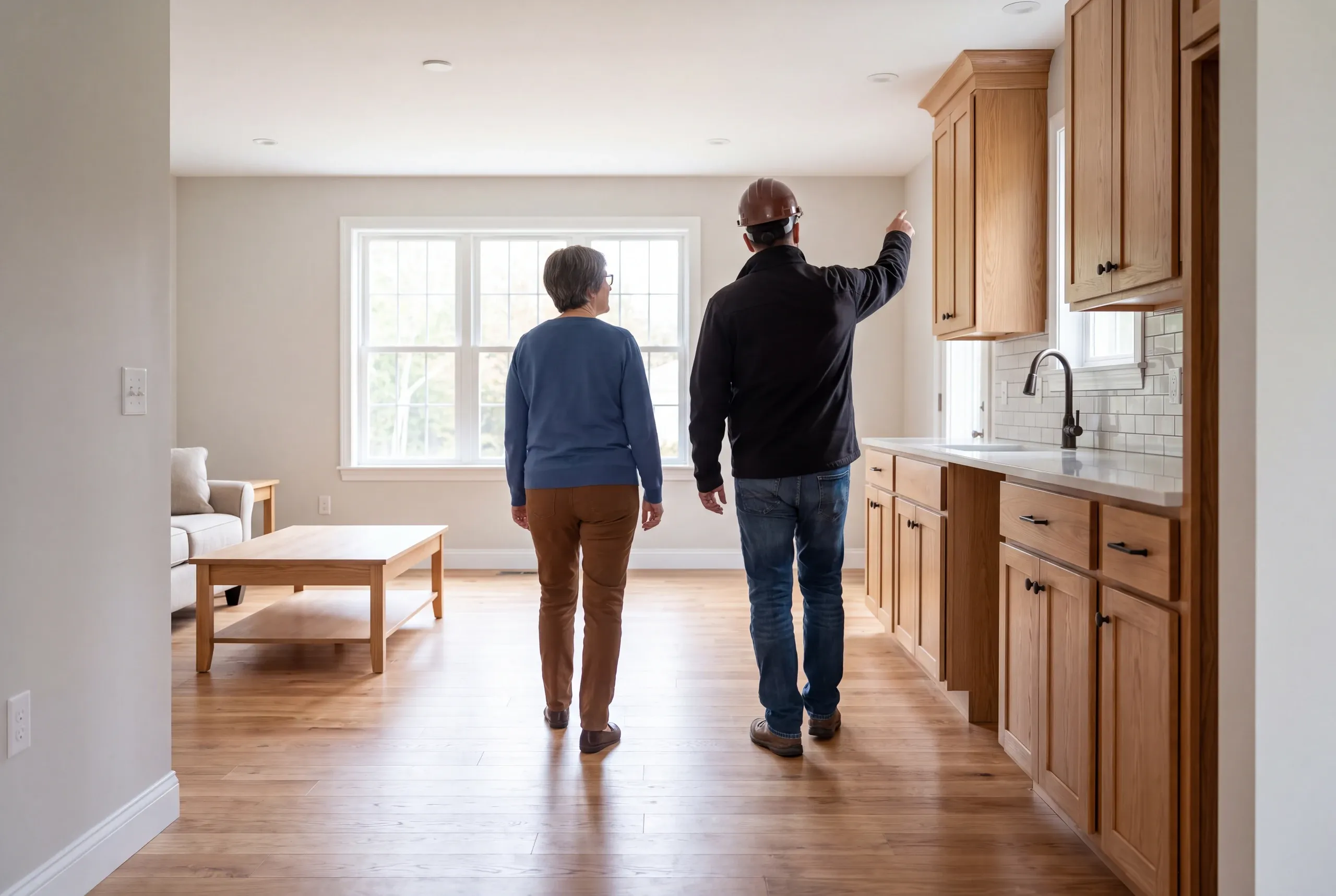 Two adults seen from behind walking through a newly remodeled room with wooden cabinetry and a large window.