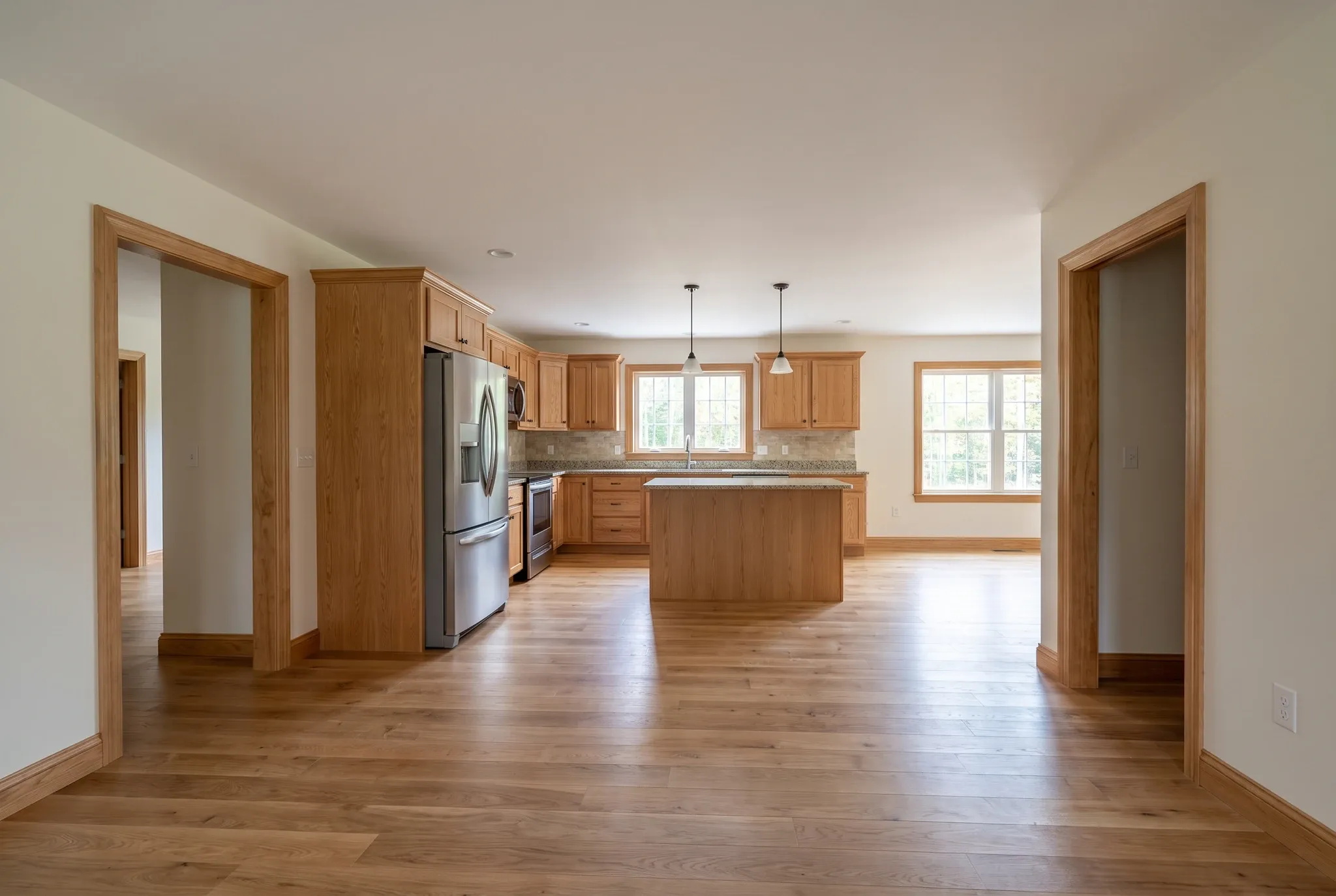 A finished kitchen with wooden cabinetry, a stainless steel refrigerator, hardwood floors, and an island.