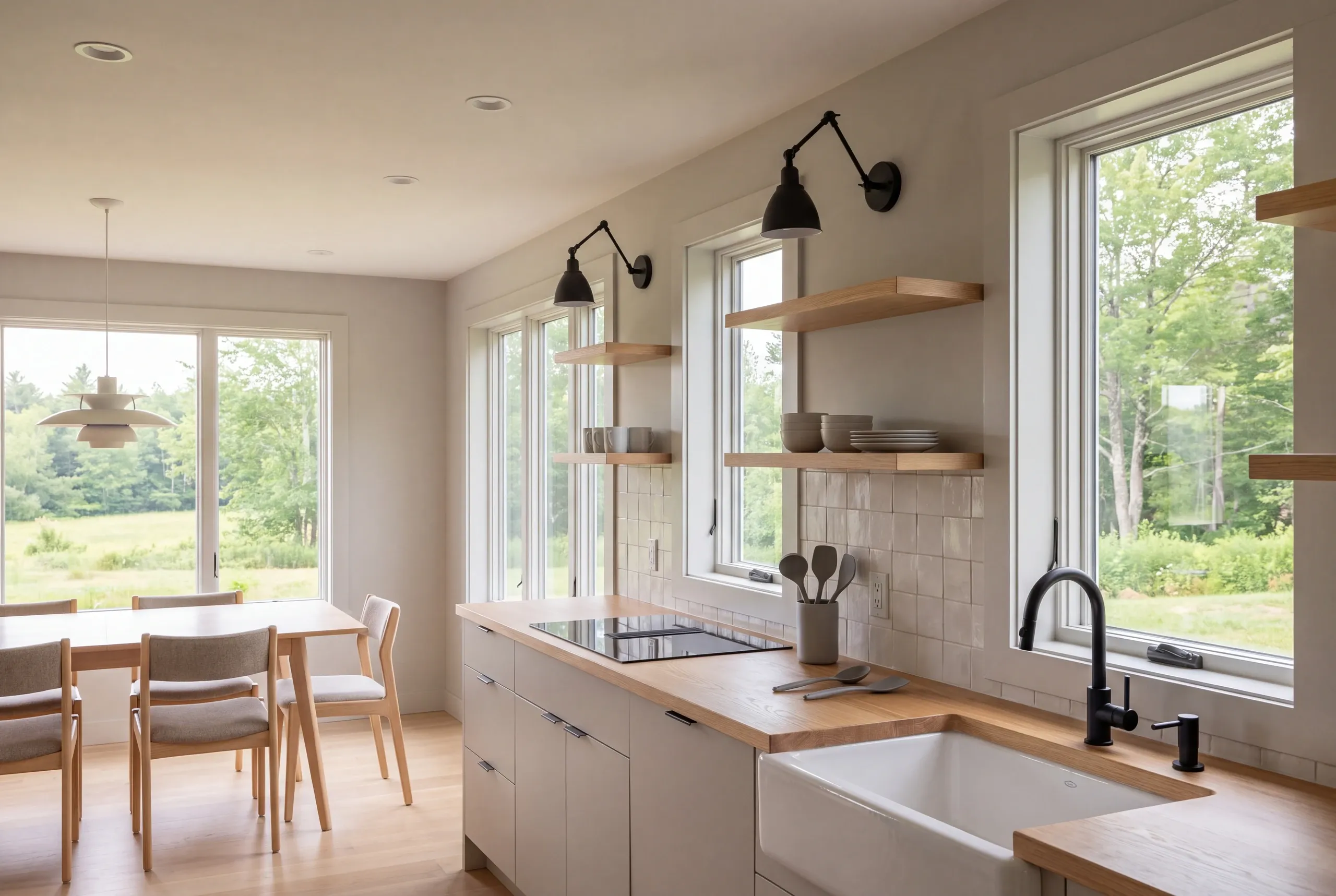 A finished kitchen with a wooden preparation counter, black faucet, white farmhouse sink, wall sconces, and open shelving.