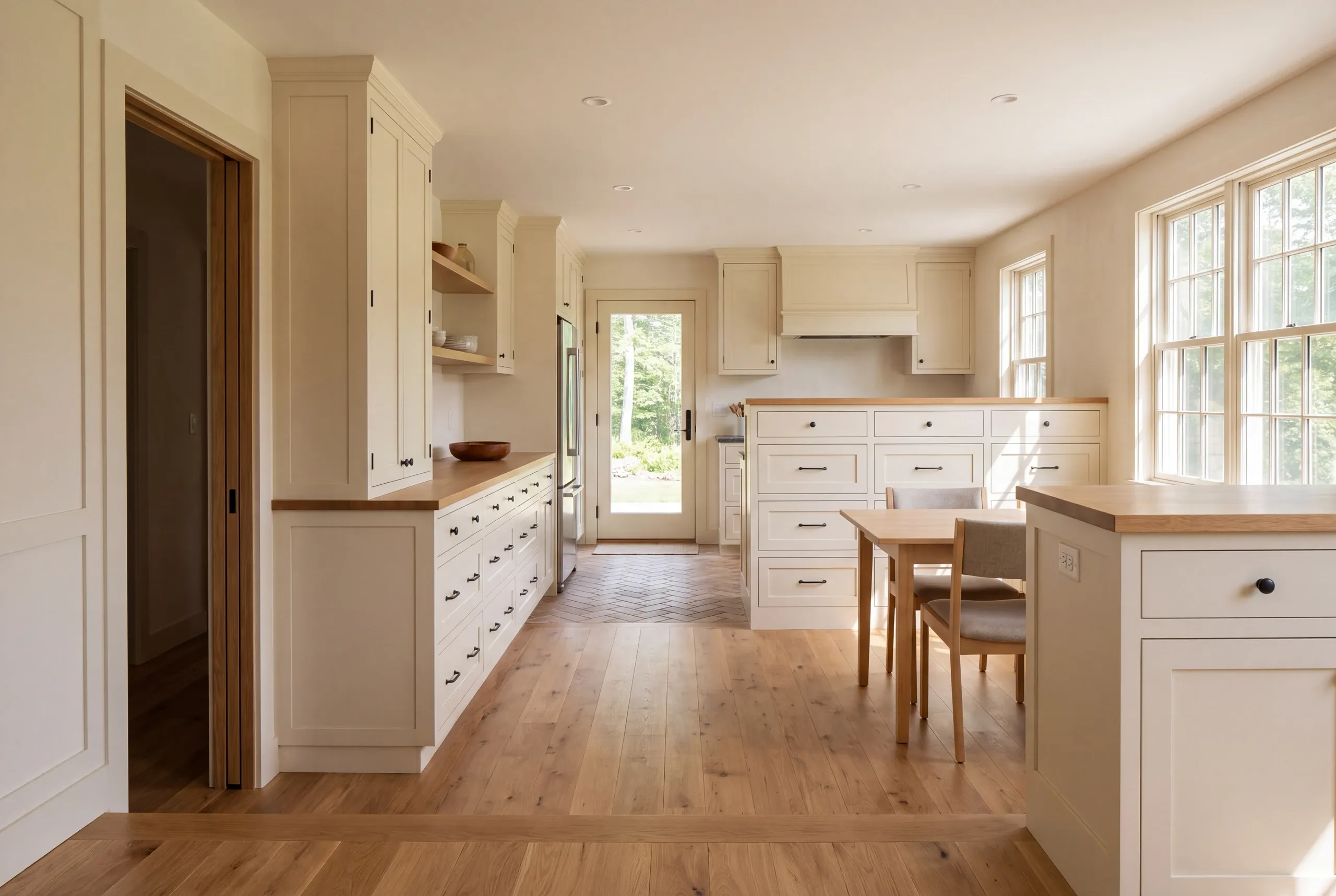 A bright finished kitchen features light shaker cabinetry, wooden countertops, a dining table with two chairs, and a clear hardwood walking aisle leading to an exterior glass door.