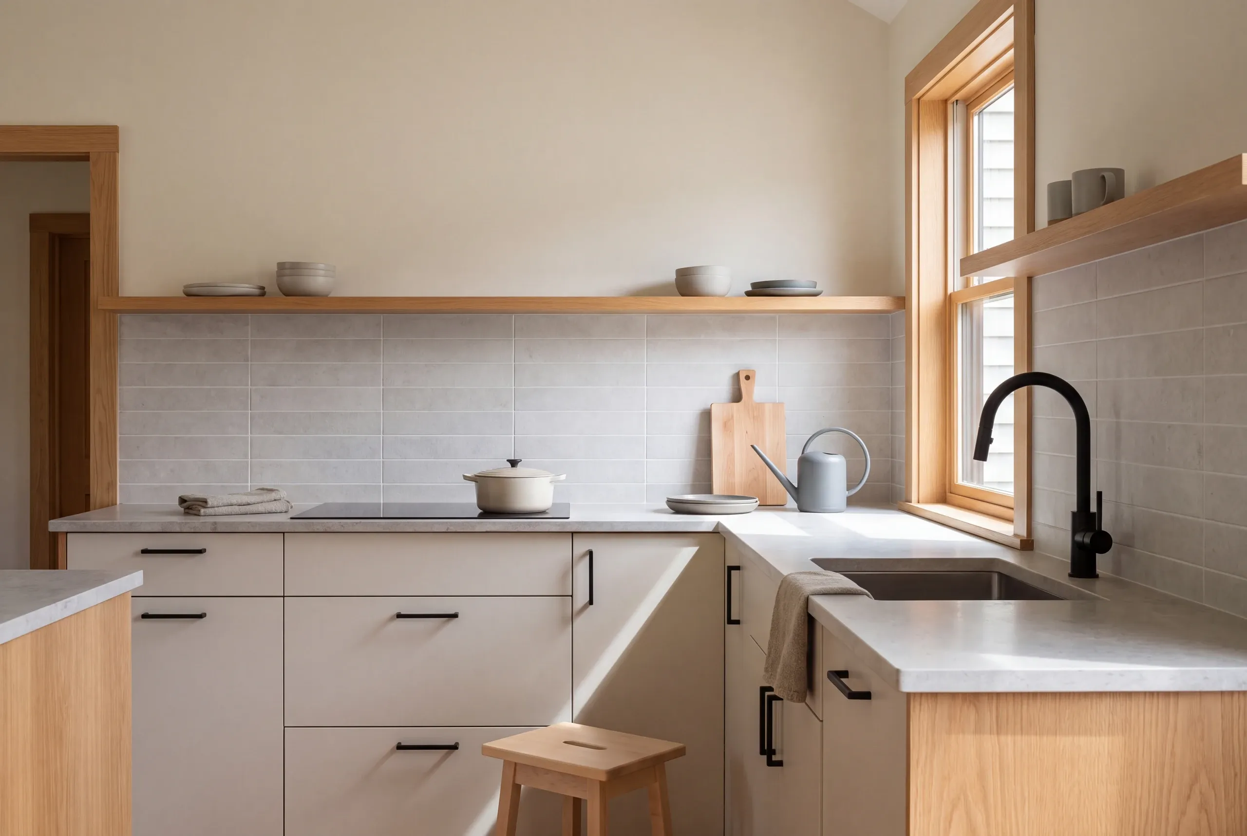 A kitchen interior featuring light-colored countertops, tiled backsplash, wooden cabinets, a sink, and a stovetop.