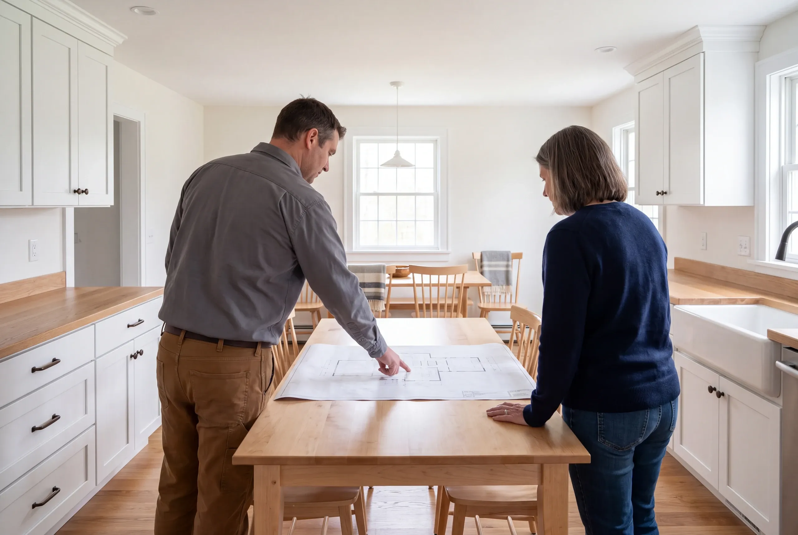 A man and a woman stand on opposite sides of a wooden table, reviewing a large floor plan blueprint inside a kitchen with white shaker cabinets.