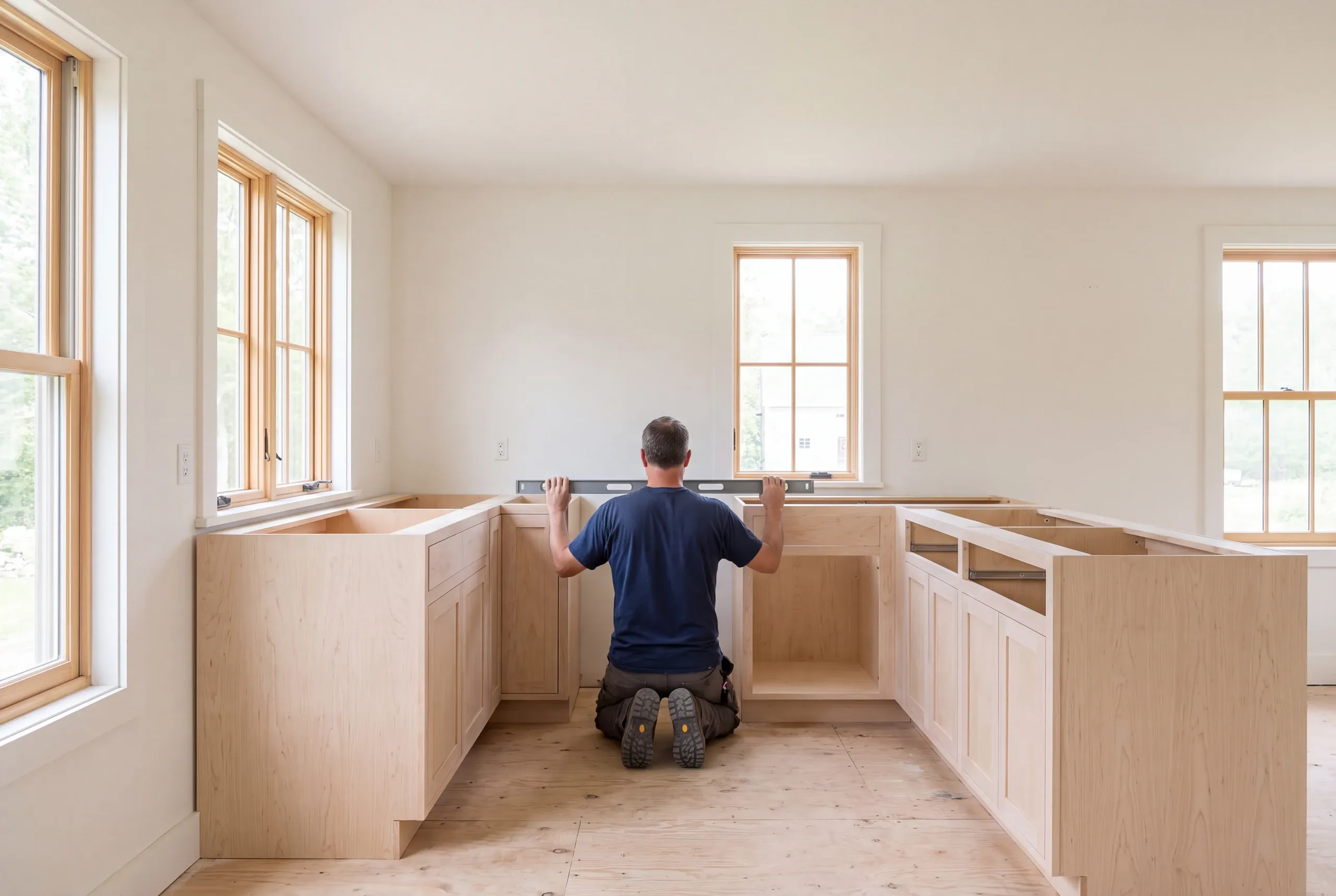 An adult male kneels on a plywood floor, holding a level horizontally against wooden base cabinets in a room with white walls and multiple windows.