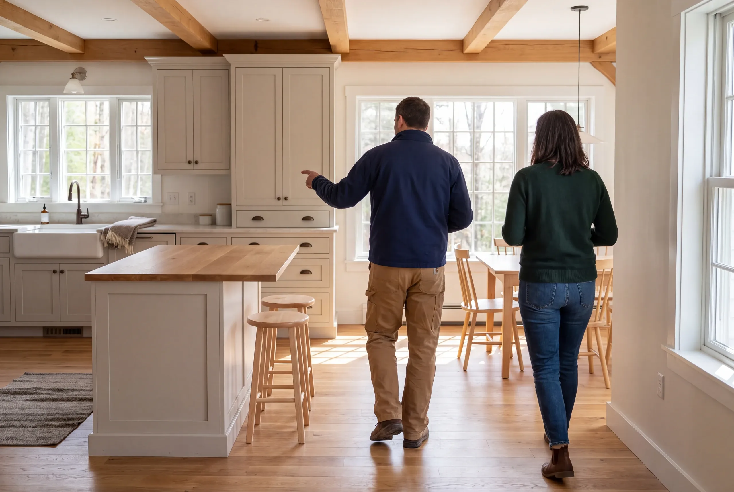 A man in a blue jacket and brown pants and a woman in a green sweater and jeans walk away from the camera through a kitchen and dining area.