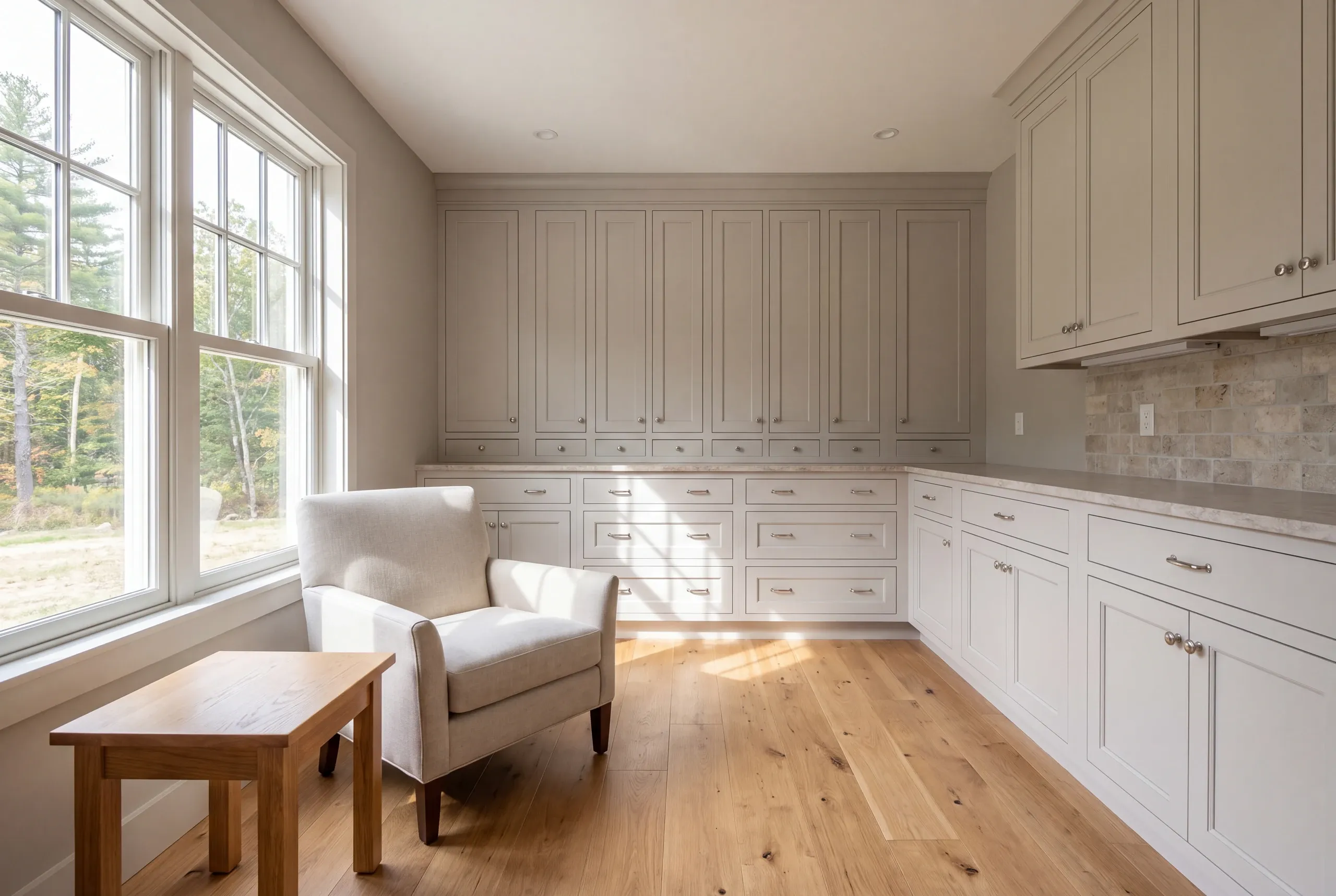 A bright room features light grey shaker cabinetry with multiple drawers and upper cabinets, a wooden floor, a white armchair, and a small wooden side table next to large windows.