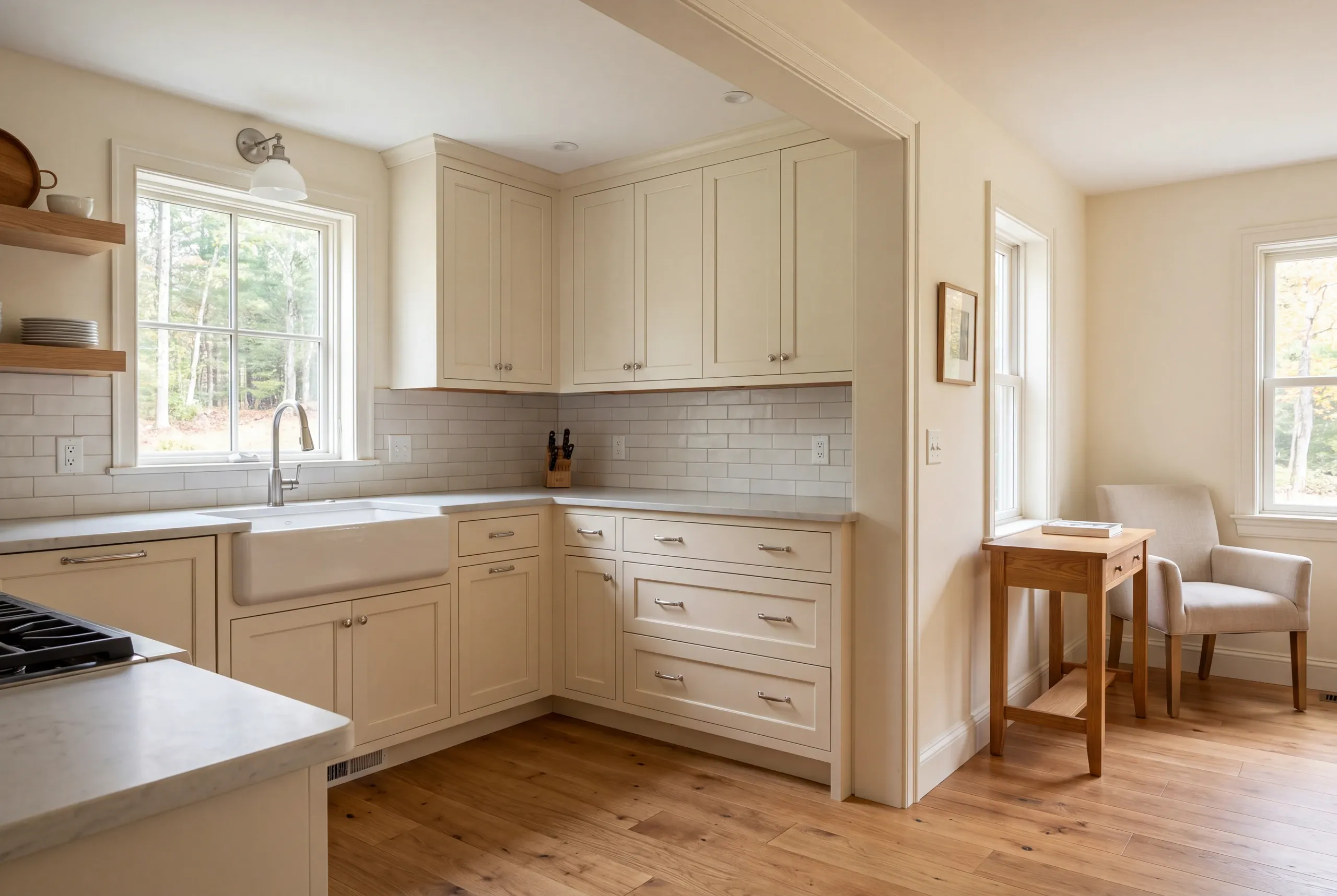 A kitchen with cream shaker cabinets, pale countertops, and an undermount sink next to a window with a view of trees.