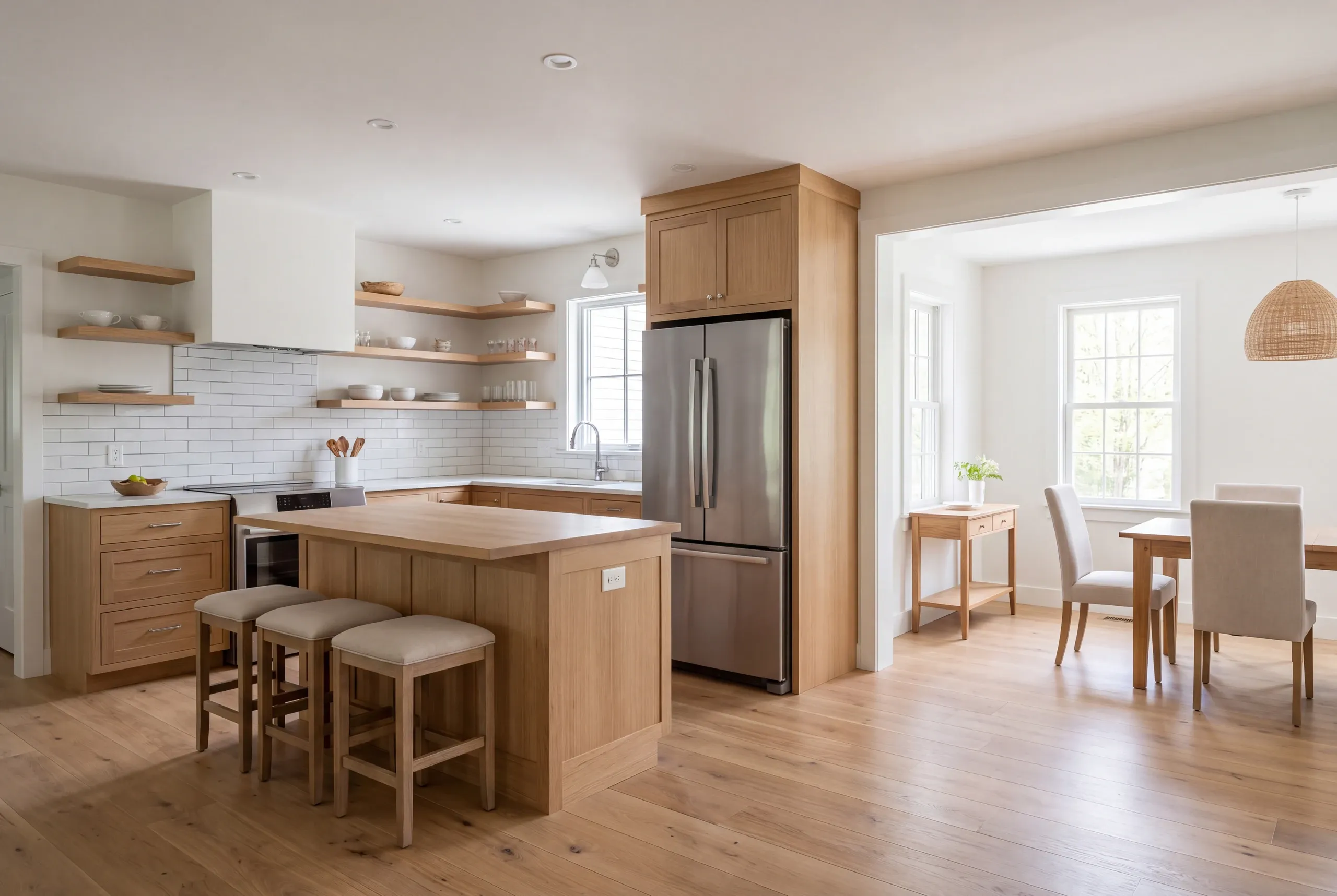 A newly finished kitchen featuring wooden cabinetry, white countertops, a central island with stools, and an open entryway to a dining area.
