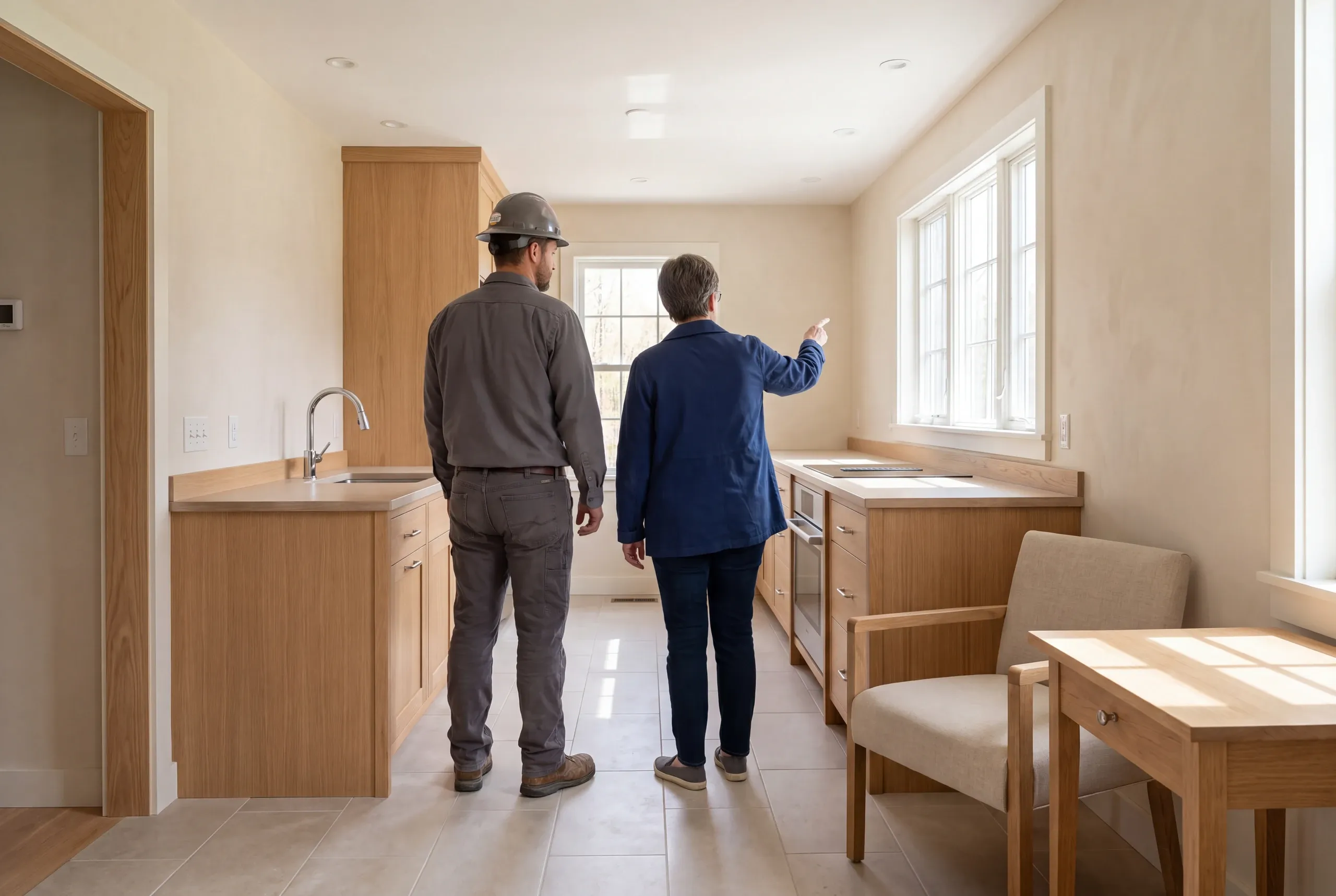 Two people viewed from behind stand inside a bright unfurnished kitchen with light wood cabinets and tiled flooring.
