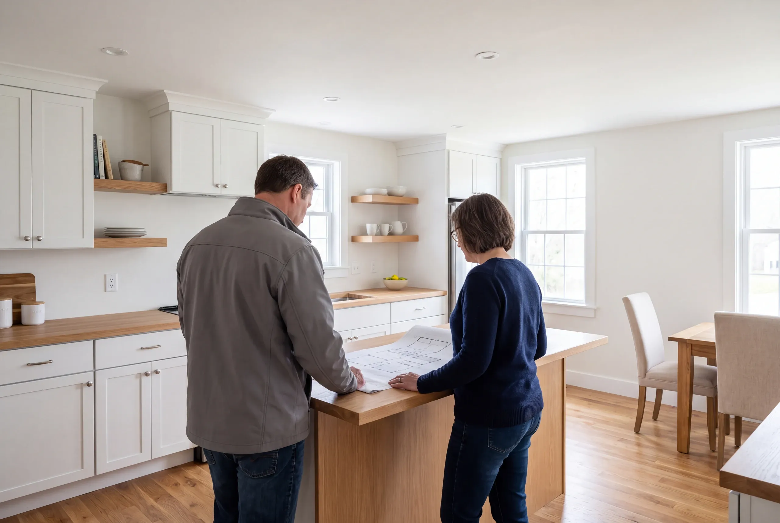 Two adults stand from behind reviewing a floor plan on a wooden kitchen island inside a bright newly remodeled kitchen with white cabinetry and wooden countertops.