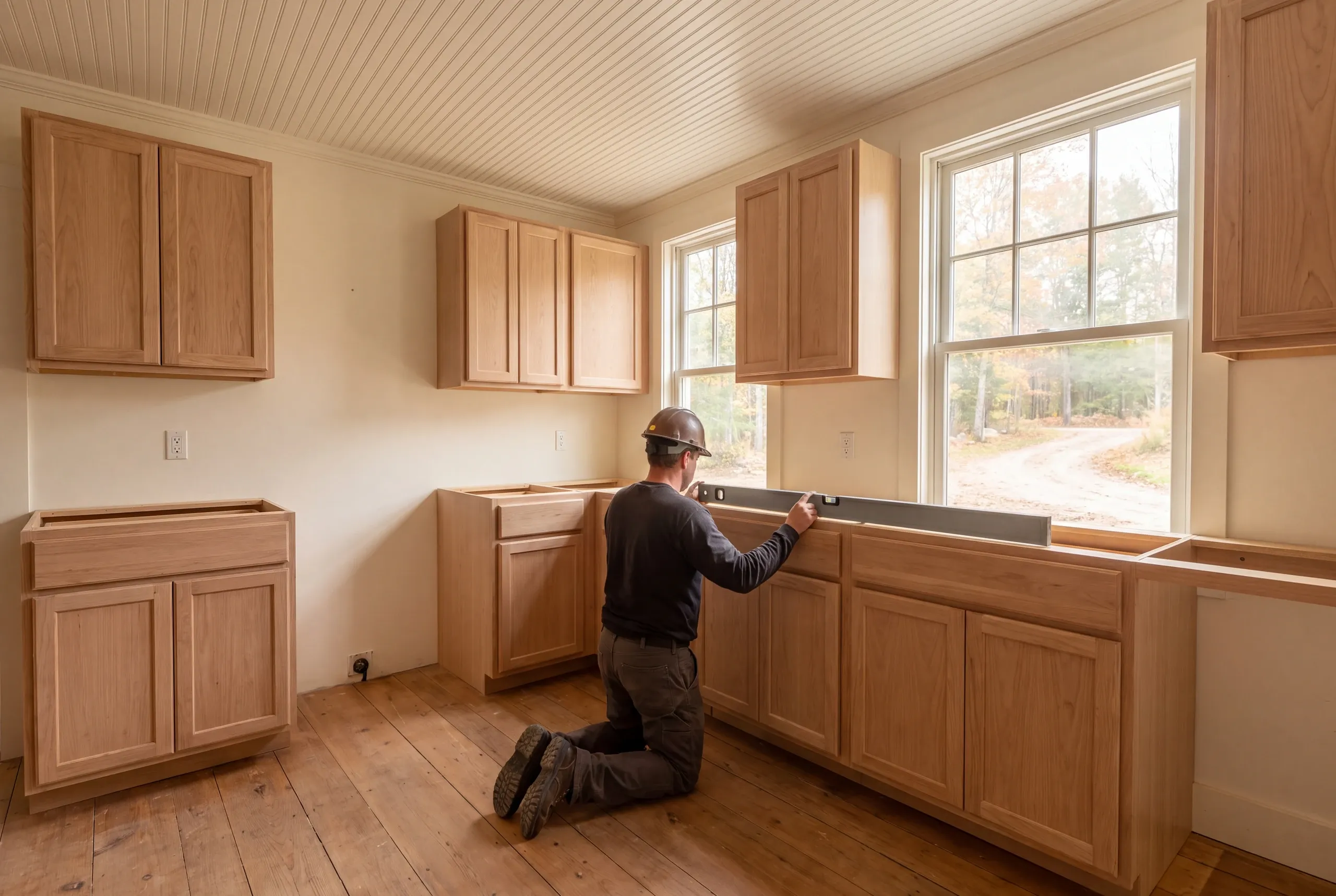 A worker in a hard hat kneels on a wooden floor, using a level on base kitchen cabinets.