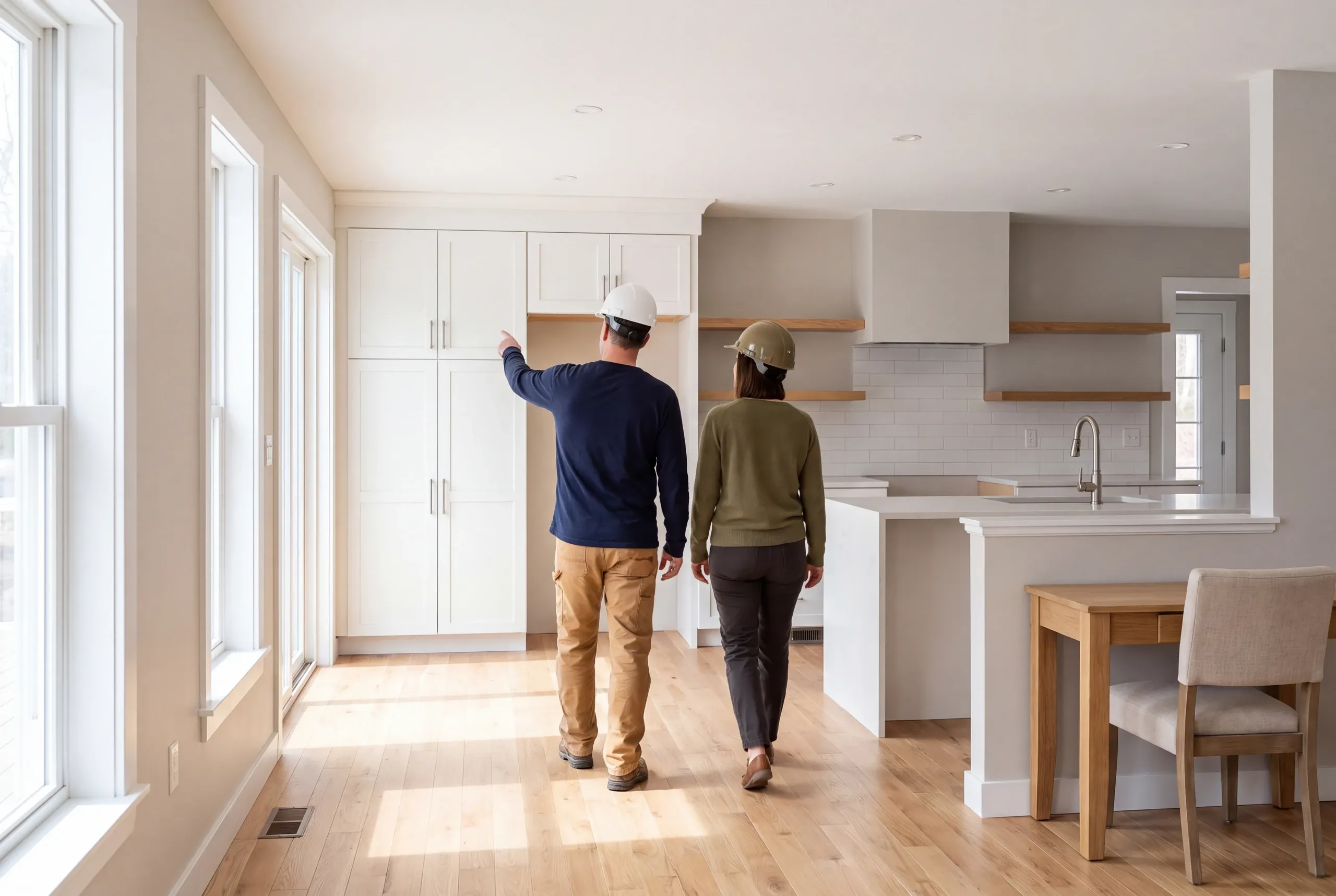 Two people wearing hard hats stand in a modern kitchen with white cabinetry and wood flooring.