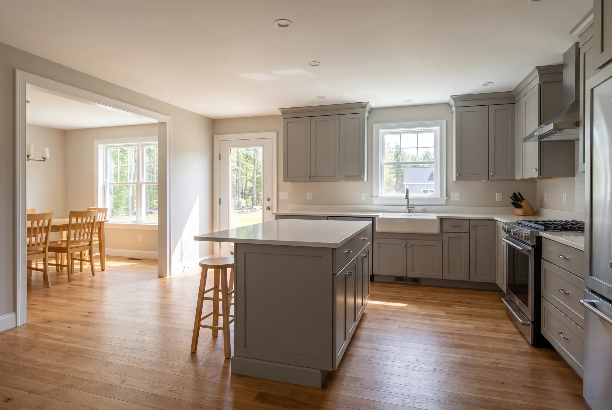 A finished kitchen with gray shaker cabinets, a central island, stainless steel appliances, and a connected dining area visible through a wide doorway.