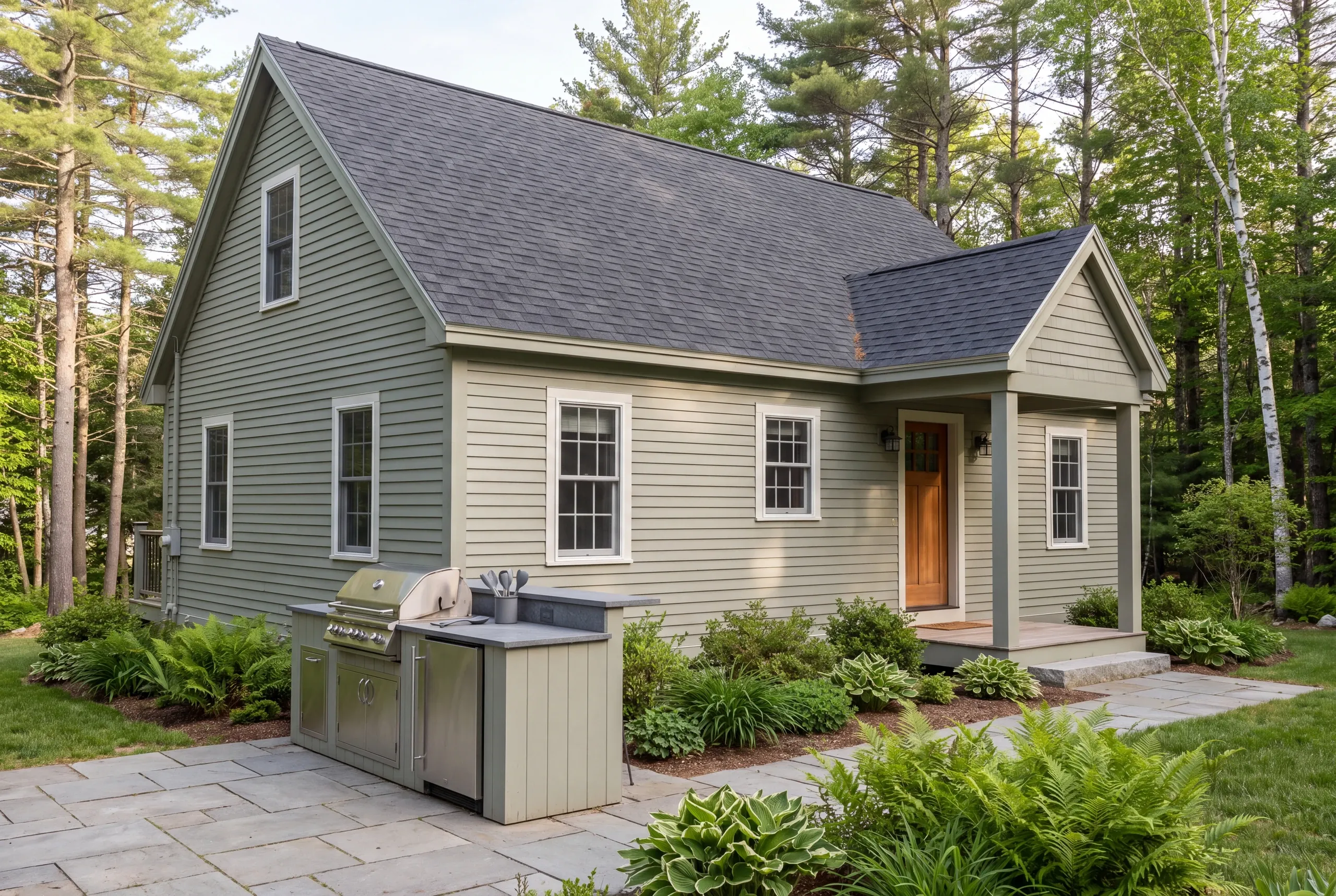 A two-story green sided house with a shingled roof stands amidst trees, featuring an outdoor kitchen island with a built-in grill on a stone patio.