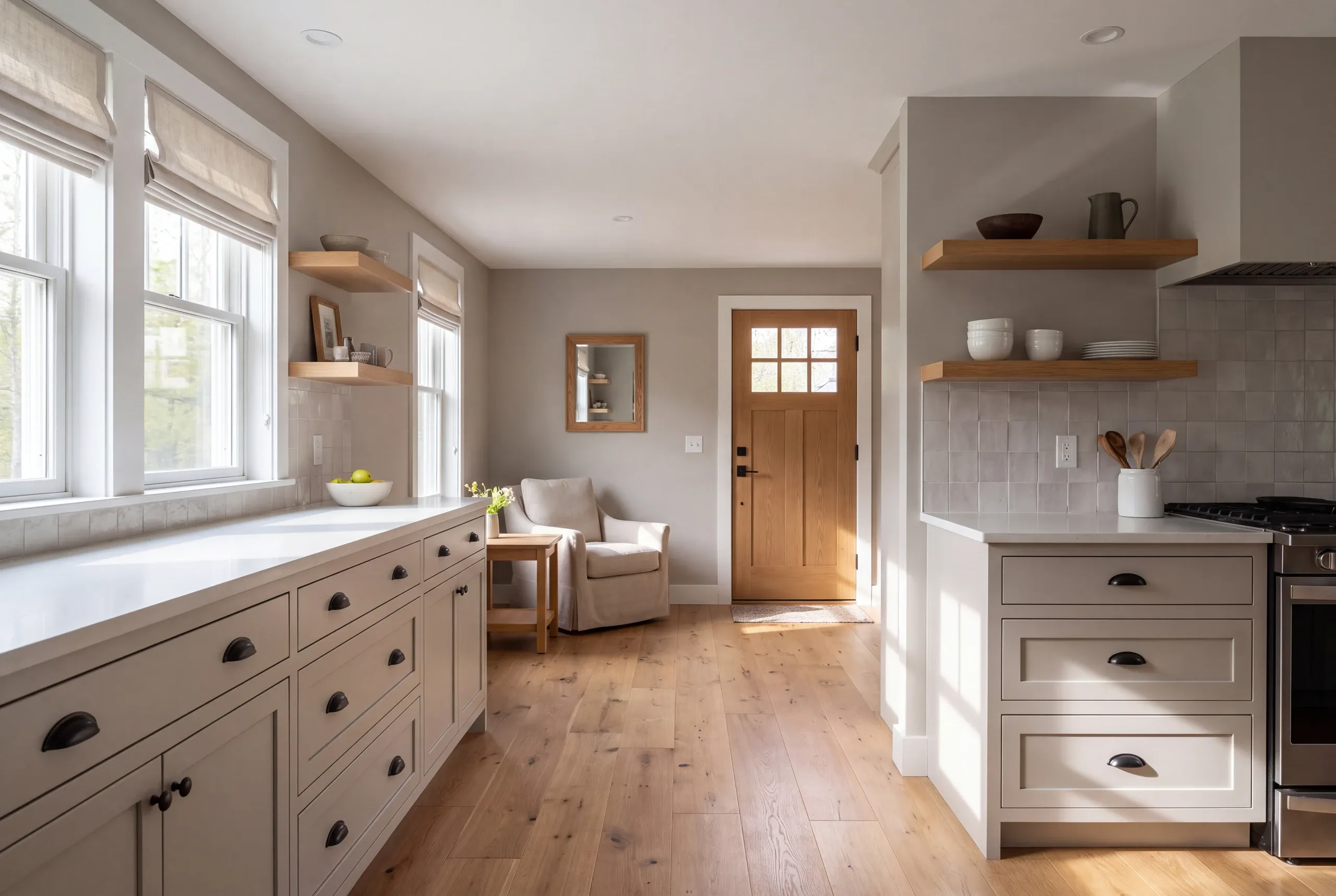 A bright kitchen interior features white shaker-style cabinetry with dark hardware, wooden hardwood flooring, and open shelving.