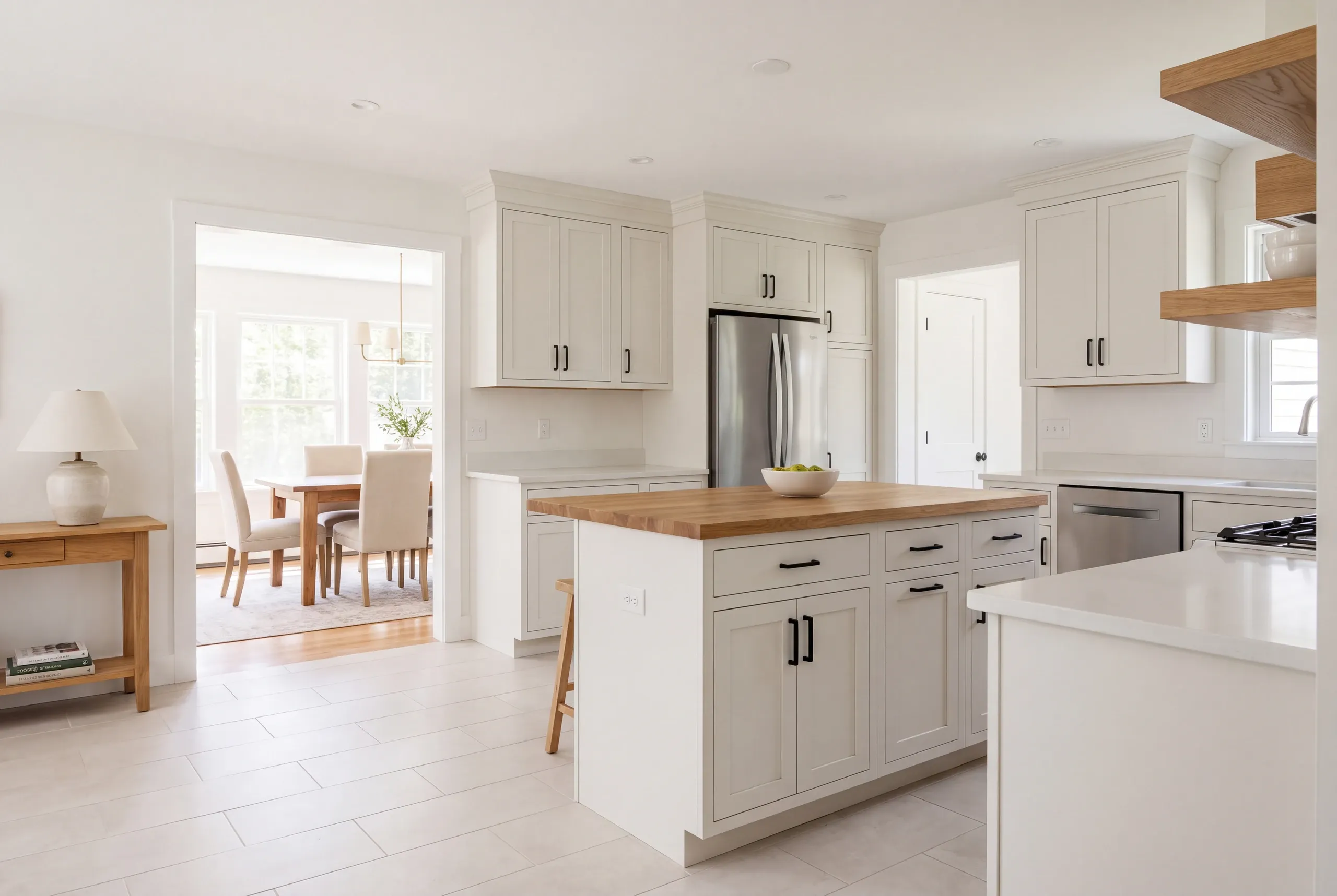 A bright modern kitchen with white cabinetry, a central island with a wood countertop, and an open doorway leading to a dining area.