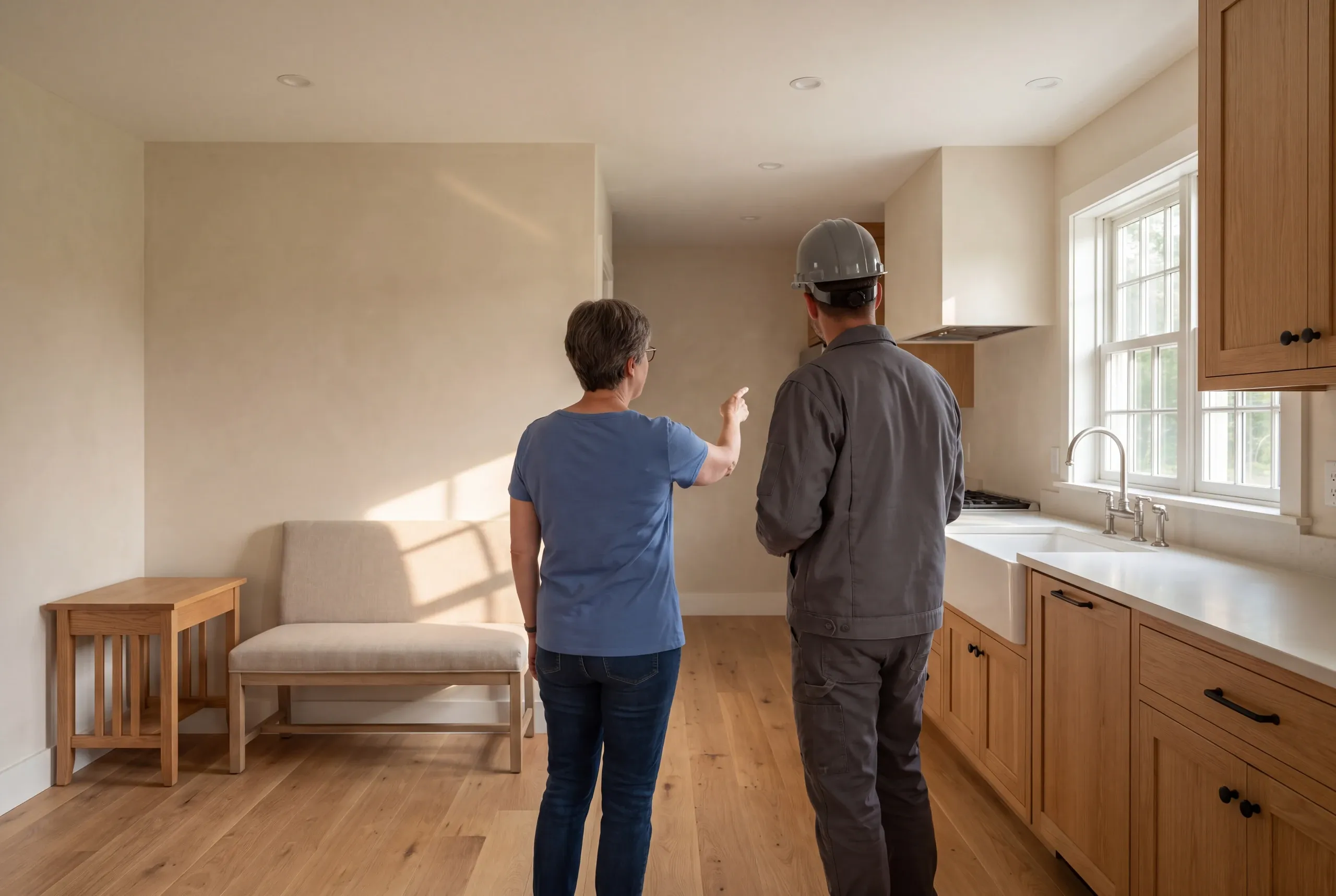Two adults stand in a finished kitchen with wooden cabinets and flooring, viewing the space.