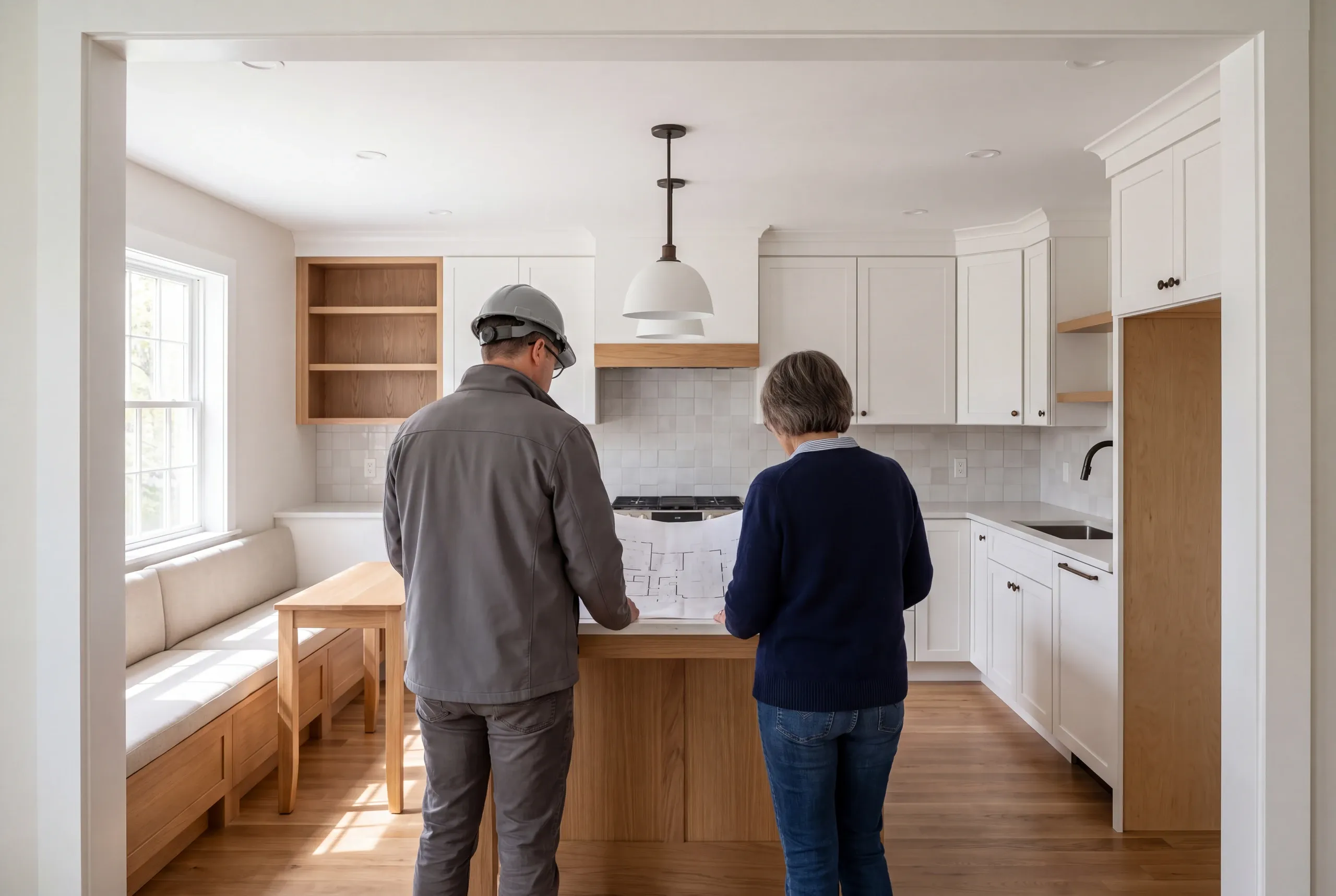 Two adults viewed from behind look at a blueprint inside a remodeled kitchen with white cabinetry and a built-in banquette seating area.
