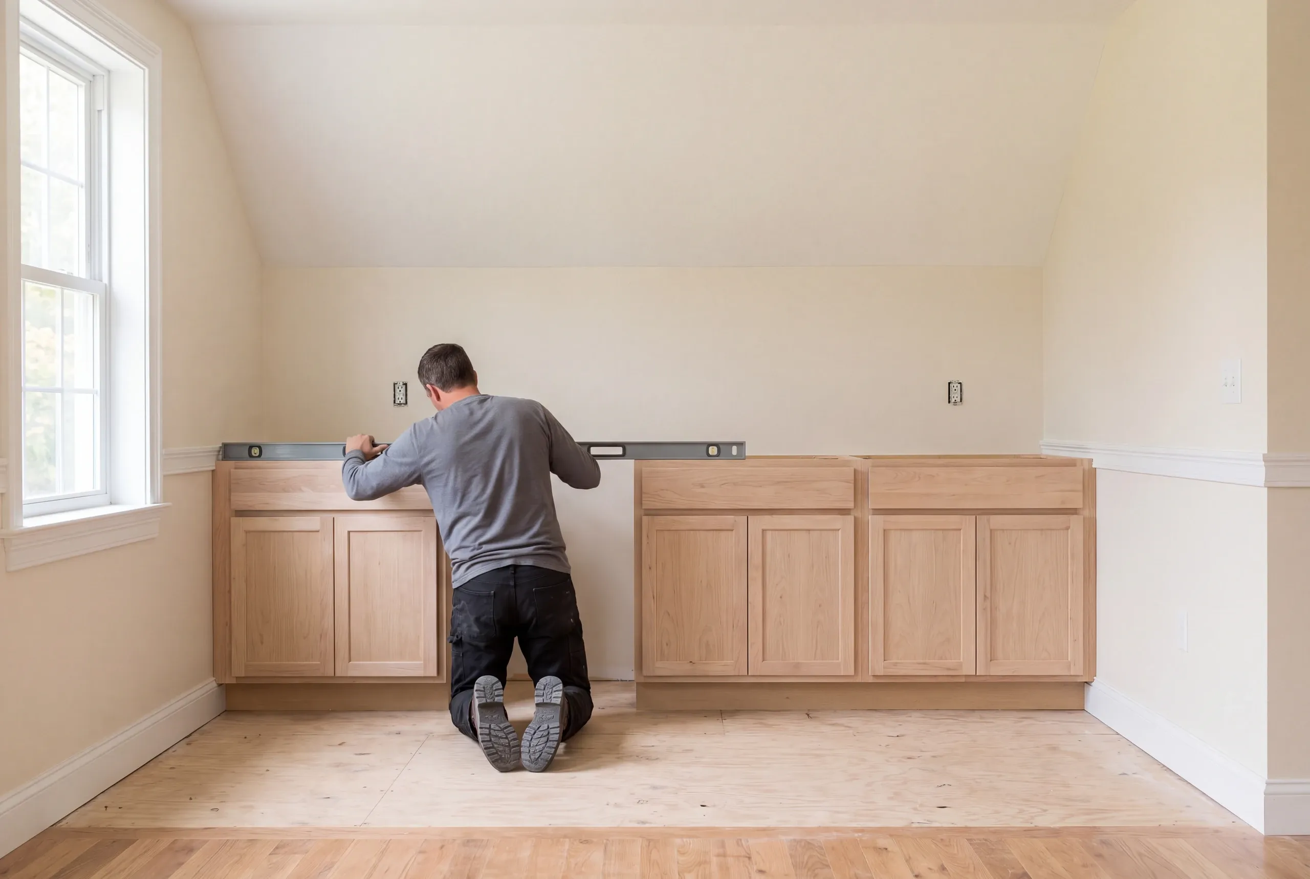 An adult male kneels on a plywood subfloor aligning a level across wood base cabinets in a room with a sloped ceiling and a window.