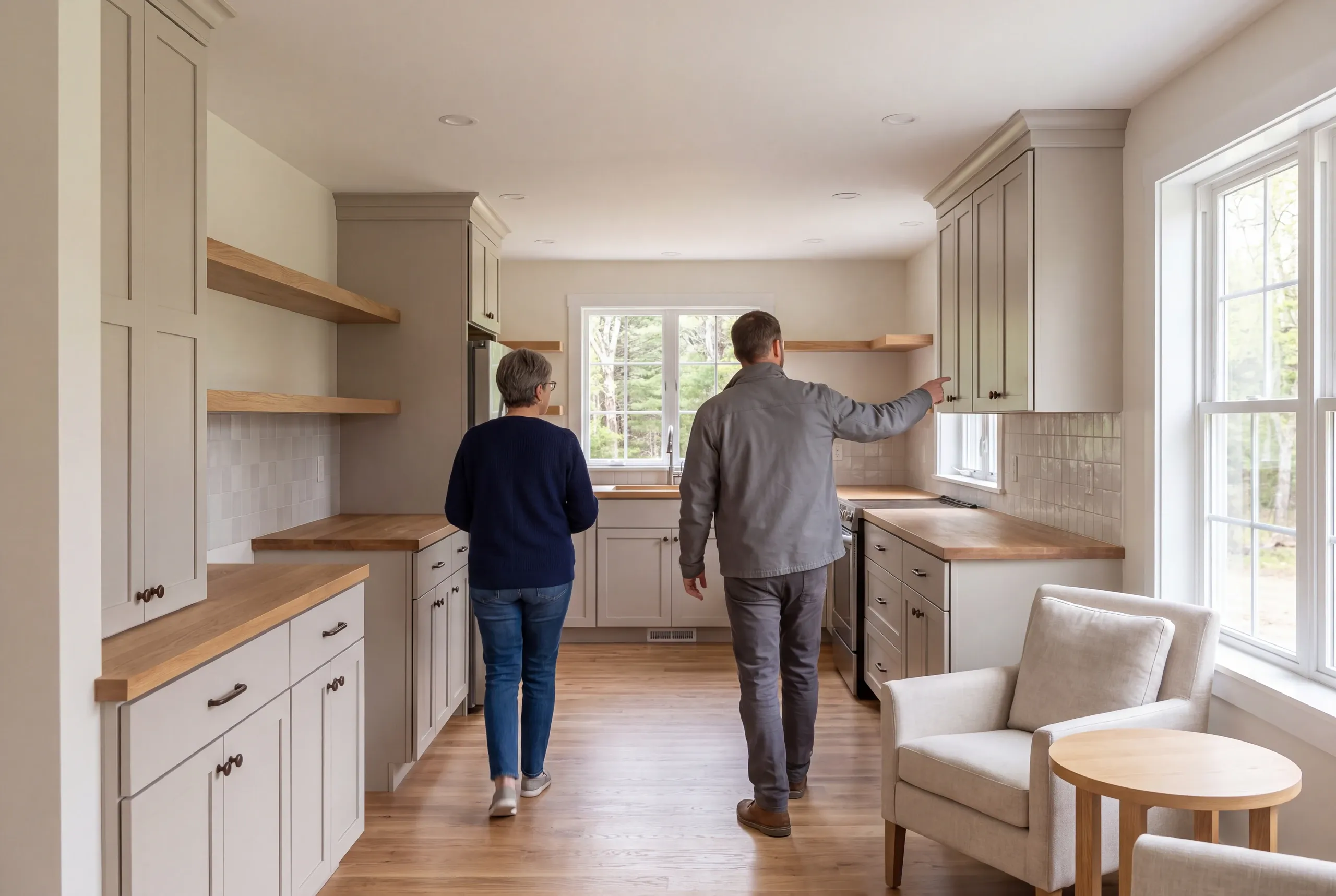Two adults seen from behind walking through a kitchen with light-colored shaker cabinets and wooden countertops.