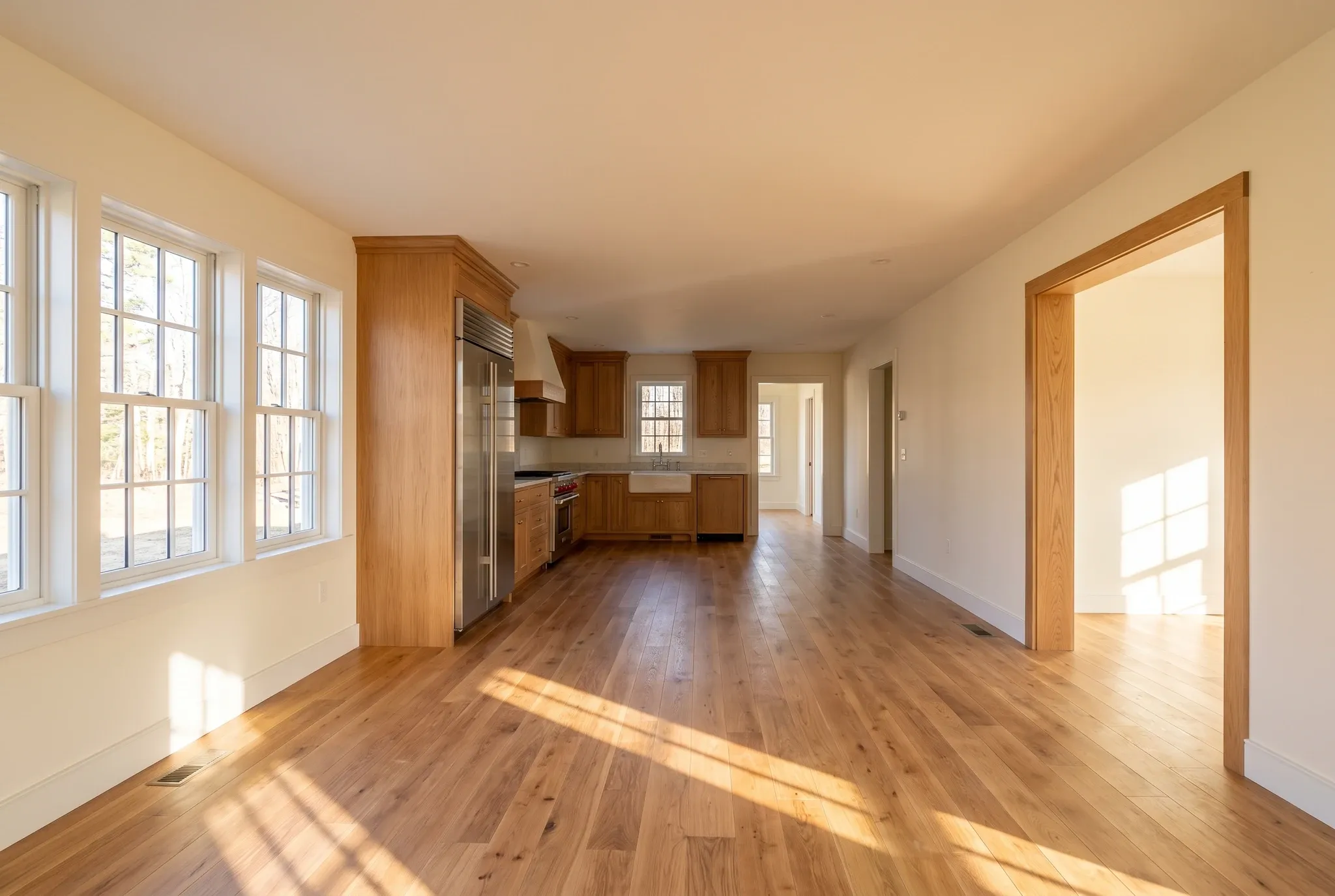 A finished kitchen with wooden cabinetry, stainless steel refrigerator, and hardwood floors viewed from an adjoining empty room.
